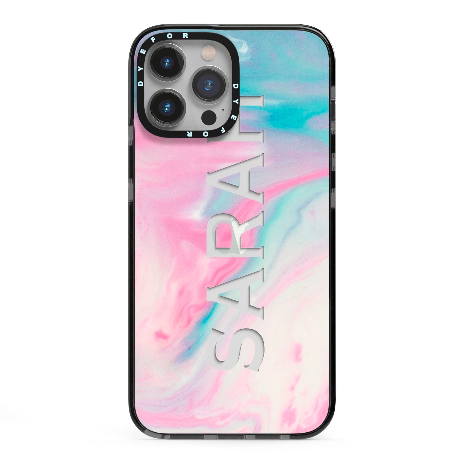 Personalised Clear Name Pastel Unicorn Marble iPhone 13 Pro Max Black Impact Case on Silver phone