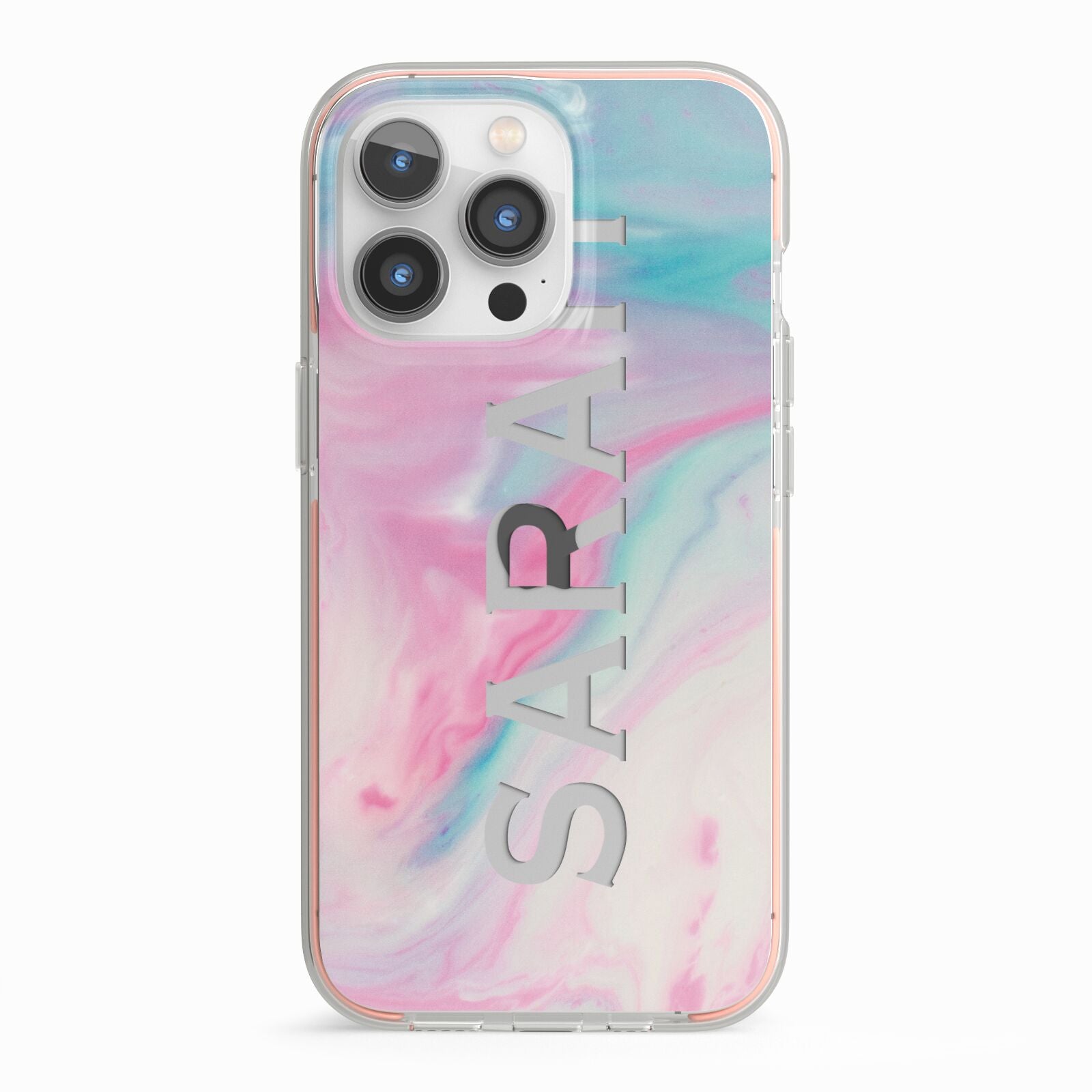 Personalised Clear Name Pastel Unicorn Marble iPhone 13 Pro TPU Impact Case with Pink Edges