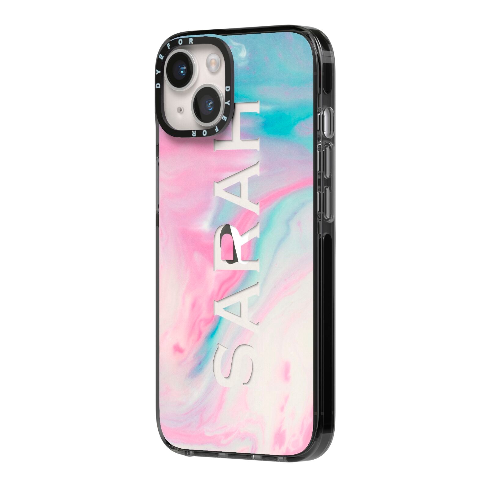 Personalised Clear Name Pastel Unicorn Marble iPhone 14 Black Impact Case Side Angle on Silver phone