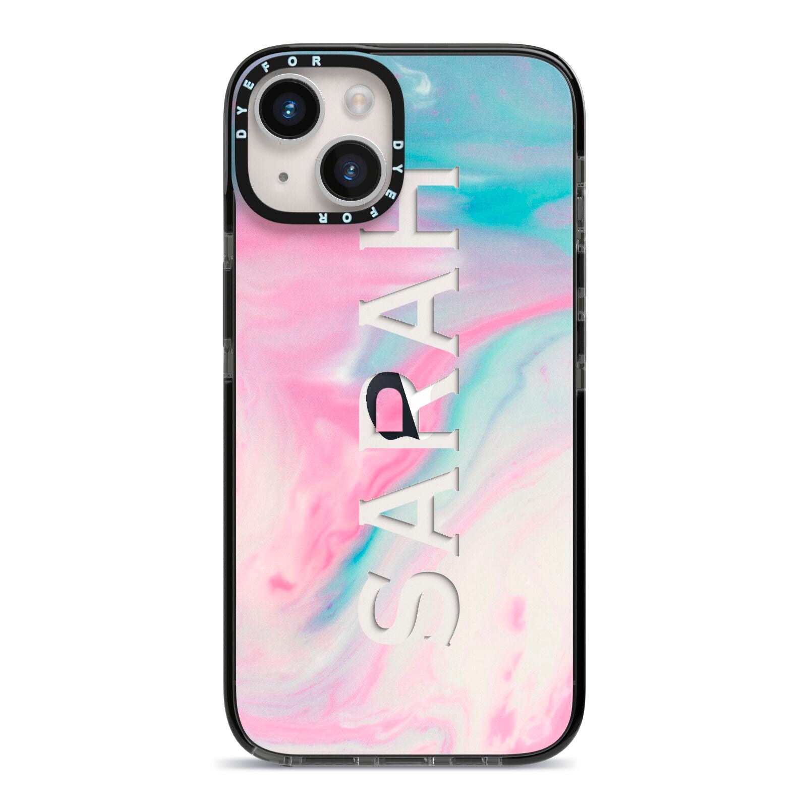 Personalised Clear Name Pastel Unicorn Marble iPhone 14 Black Impact Case on Silver phone