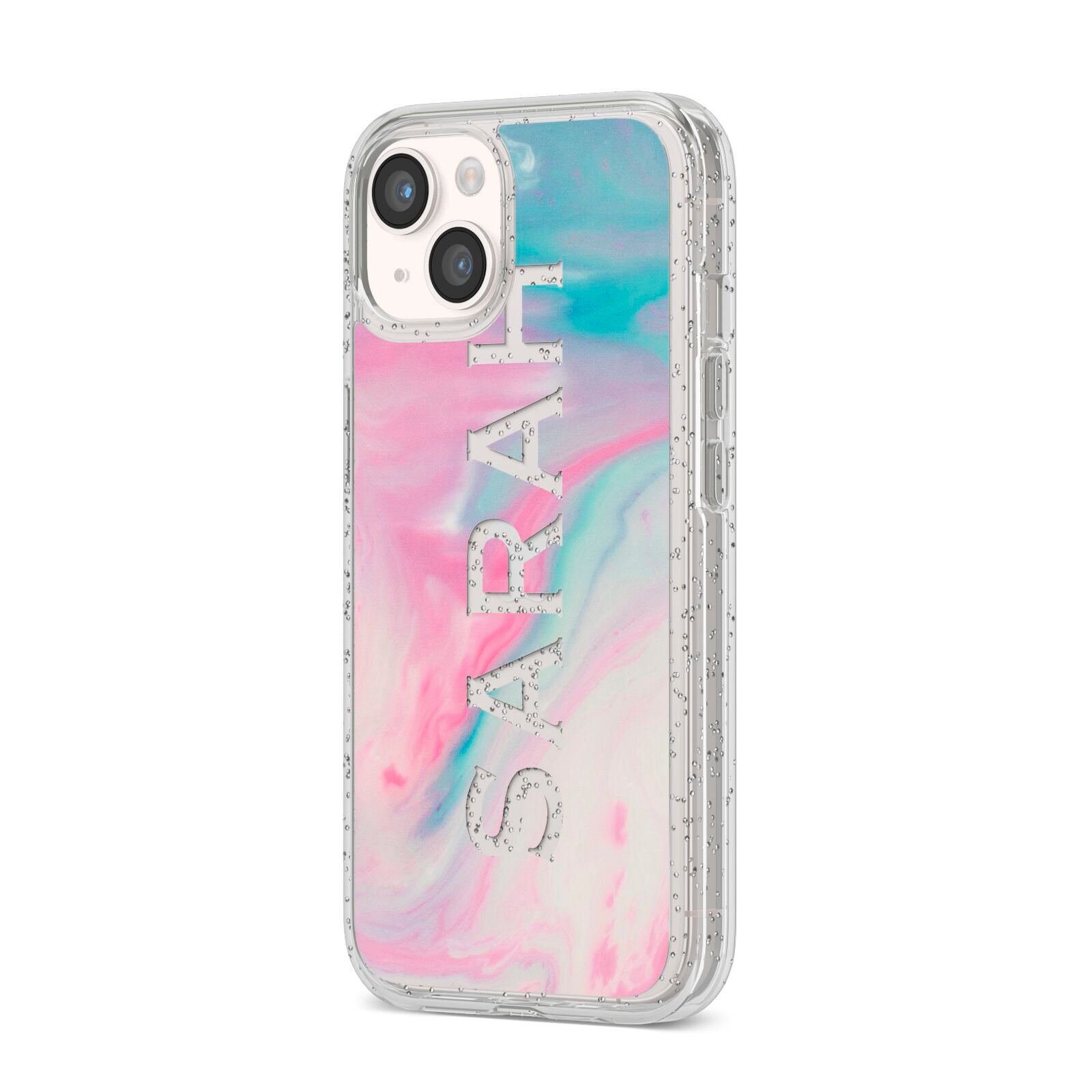 Personalised Clear Name Pastel Unicorn Marble iPhone 14 Glitter Tough Case Starlight Angled Image