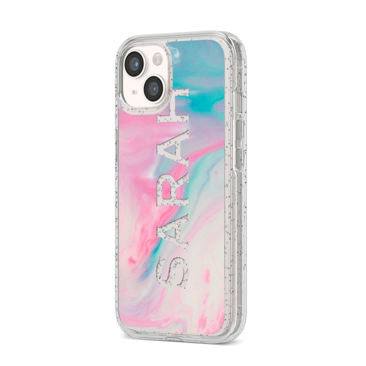Personalised Clear Name Pastel Unicorn Marble iPhone 14 Glitter Tough Case Starlight Angled Image