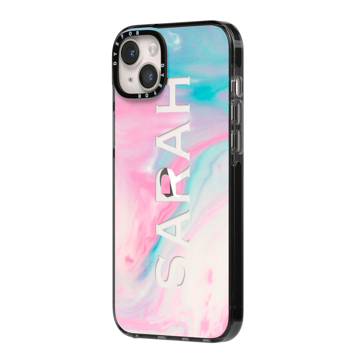 Personalised Clear Name Pastel Unicorn Marble iPhone 14 Plus Black Impact Case Side Angle on Silver phone