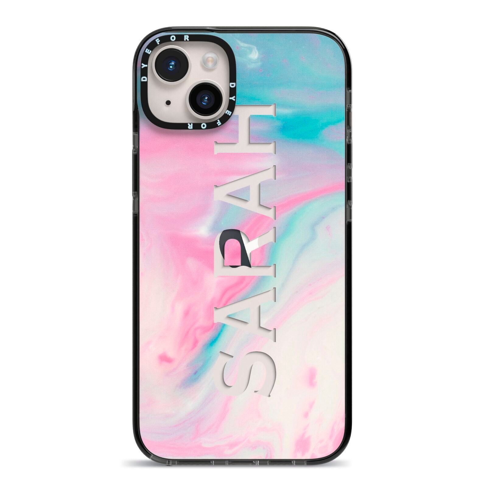 Personalised Clear Name Pastel Unicorn Marble iPhone 14 Plus Black Impact Case on Silver phone
