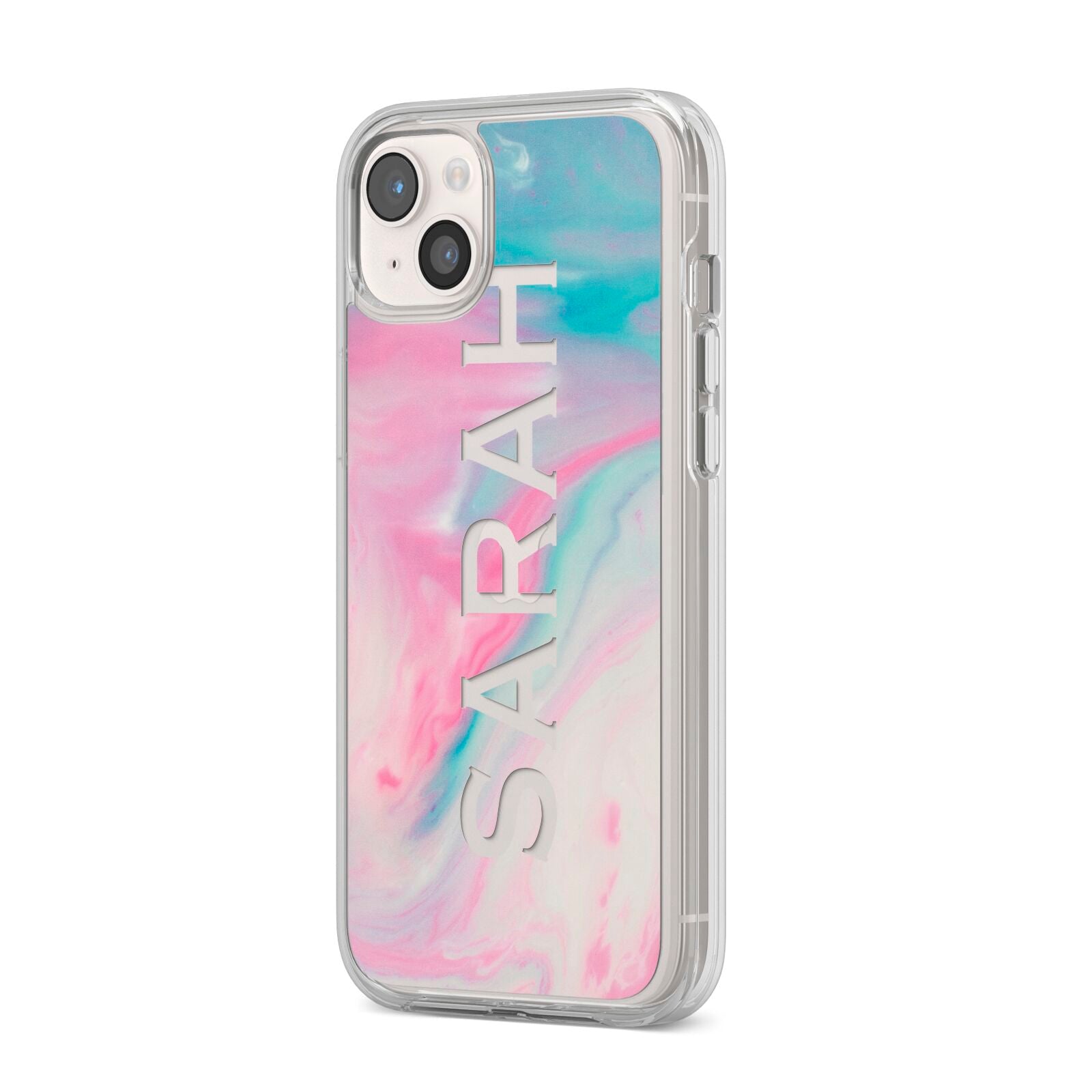 Personalised Clear Name Pastel Unicorn Marble iPhone 14 Plus Clear Tough Case Starlight Angled Image