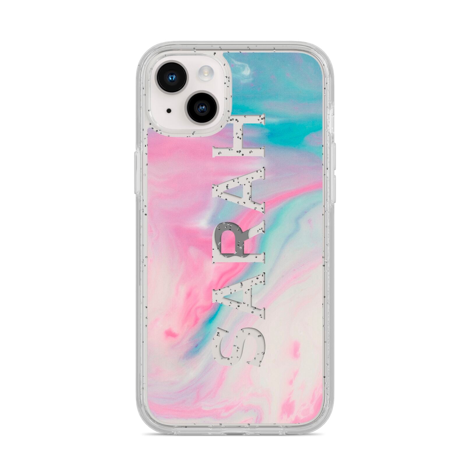 Personalised Clear Name Pastel Unicorn Marble iPhone 14 Plus Glitter Tough Case Starlight