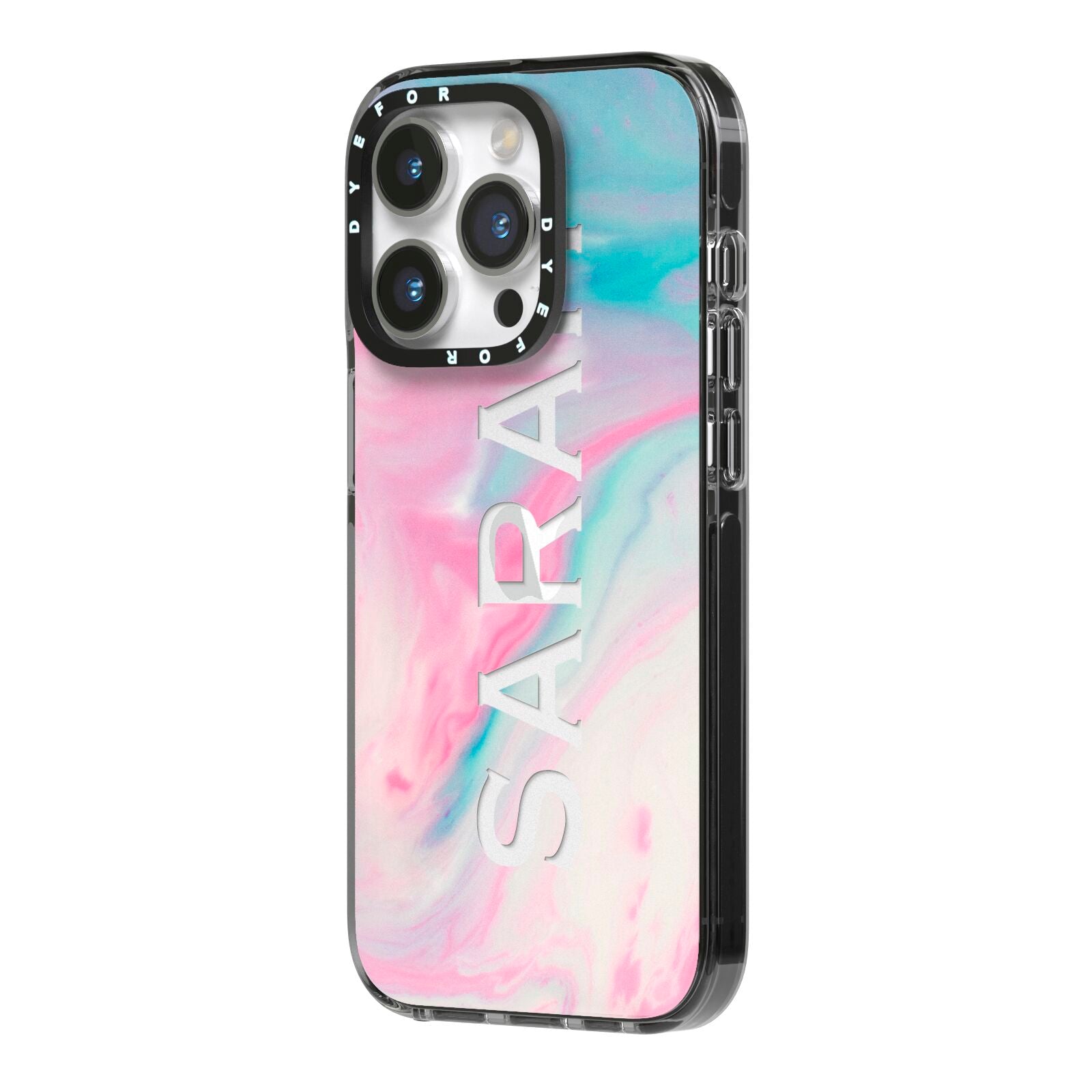 Personalised Clear Name Pastel Unicorn Marble iPhone 14 Pro Black Impact Case Side Angle on Silver phone