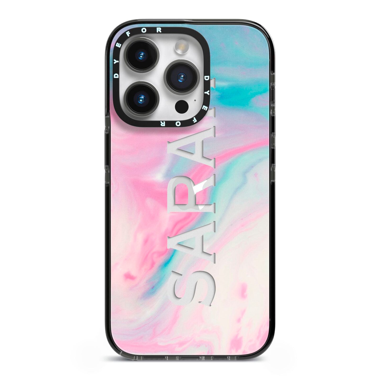 Personalised Clear Name Pastel Unicorn Marble iPhone 14 Pro Black Impact Case on Silver phone