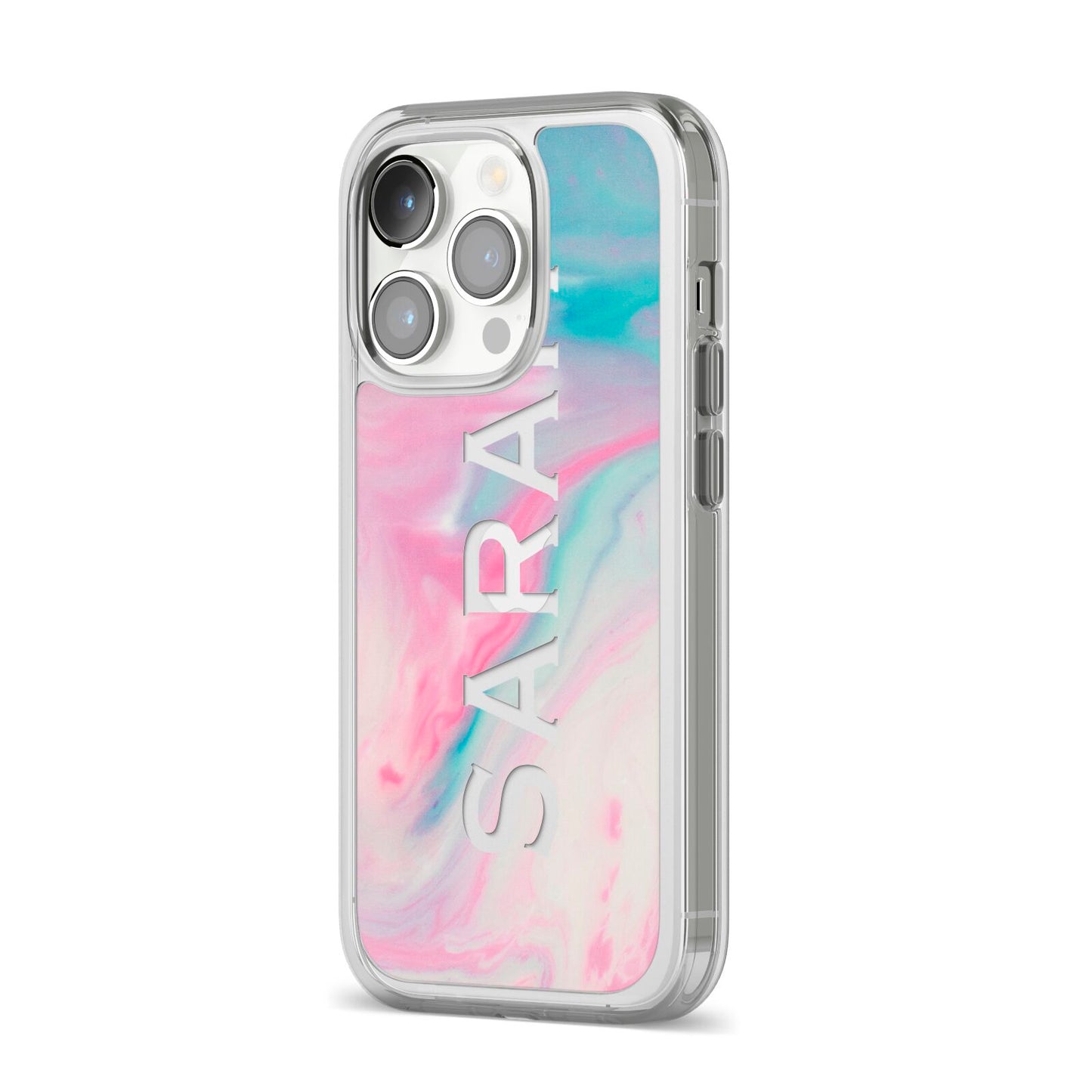 Personalised Clear Name Pastel Unicorn Marble iPhone 14 Pro Clear Tough Case Silver Angled Image