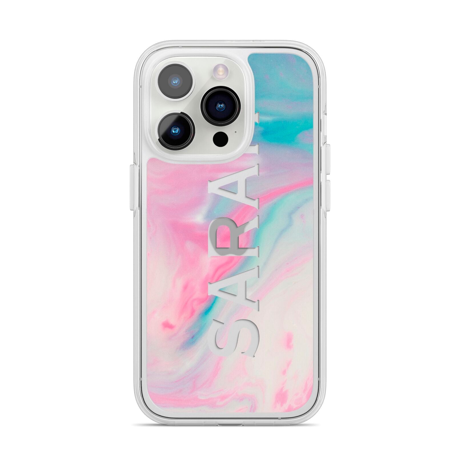 Personalised Clear Name Pastel Unicorn Marble iPhone 14 Pro Clear Tough Case Silver