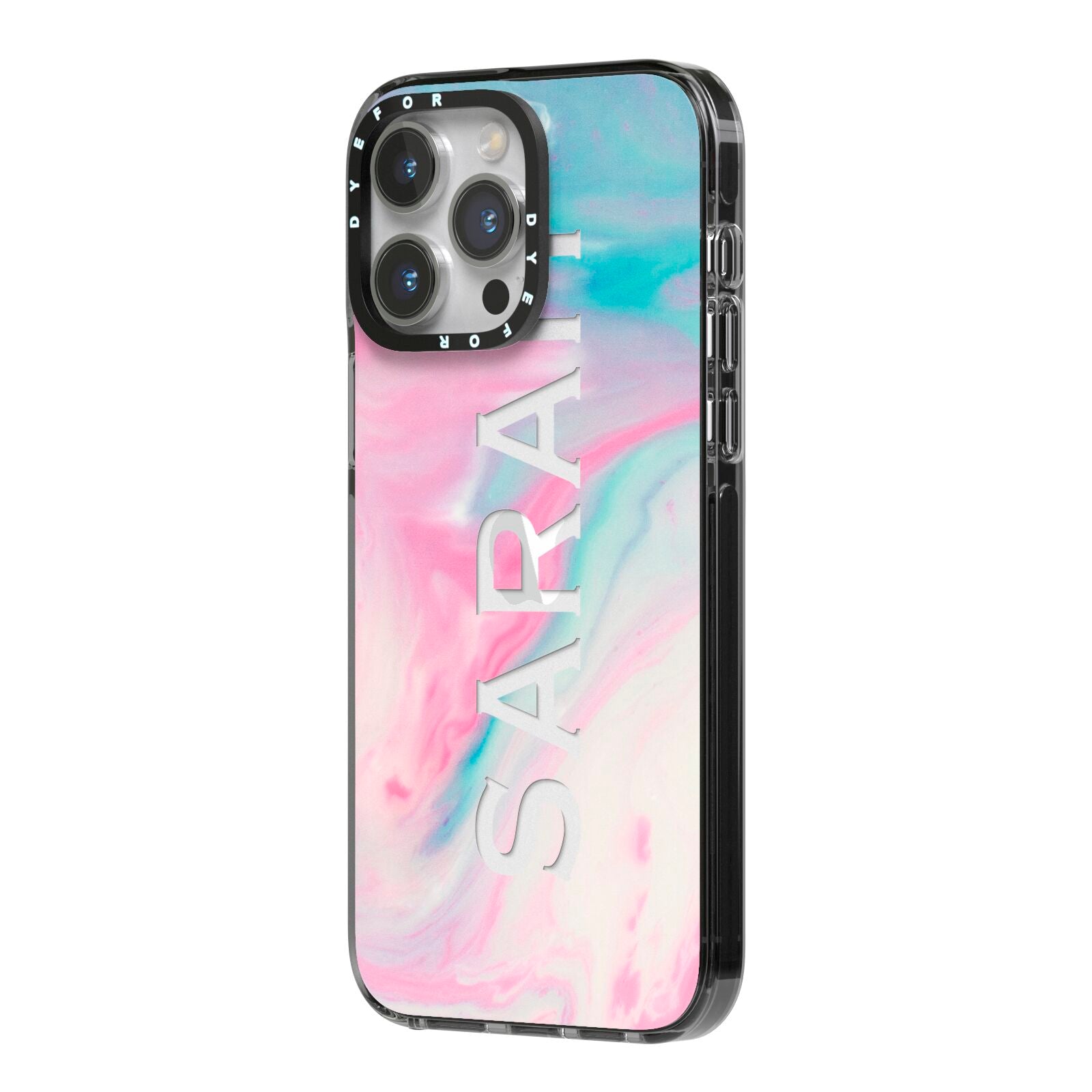 Personalised Clear Name Pastel Unicorn Marble iPhone 14 Pro Max Black Impact Case Side Angle on Silver phone