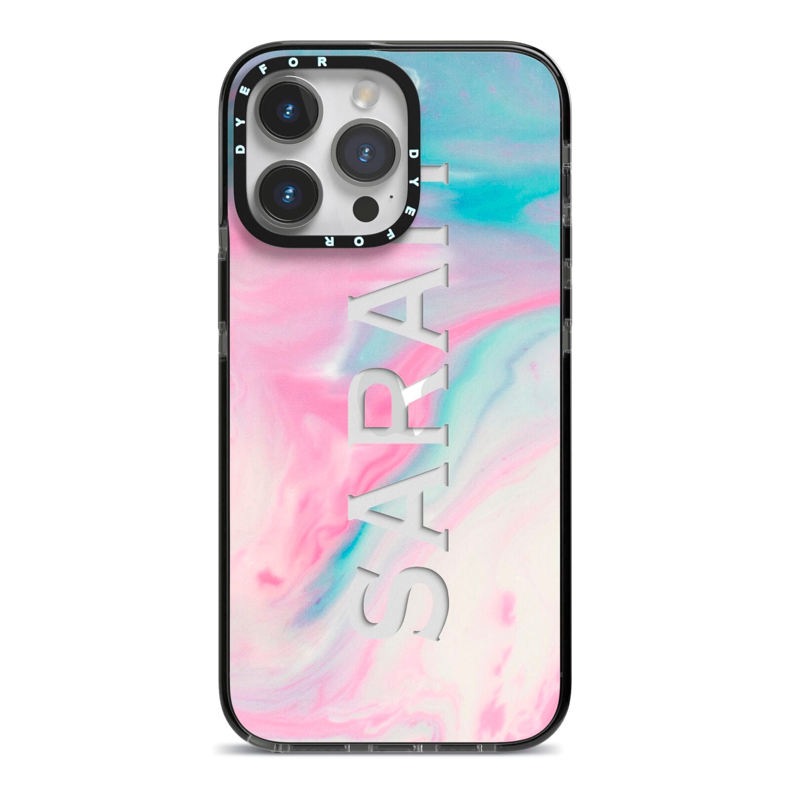 Personalised Clear Name Pastel Unicorn Marble iPhone 14 Pro Max Black Impact Case on Silver phone
