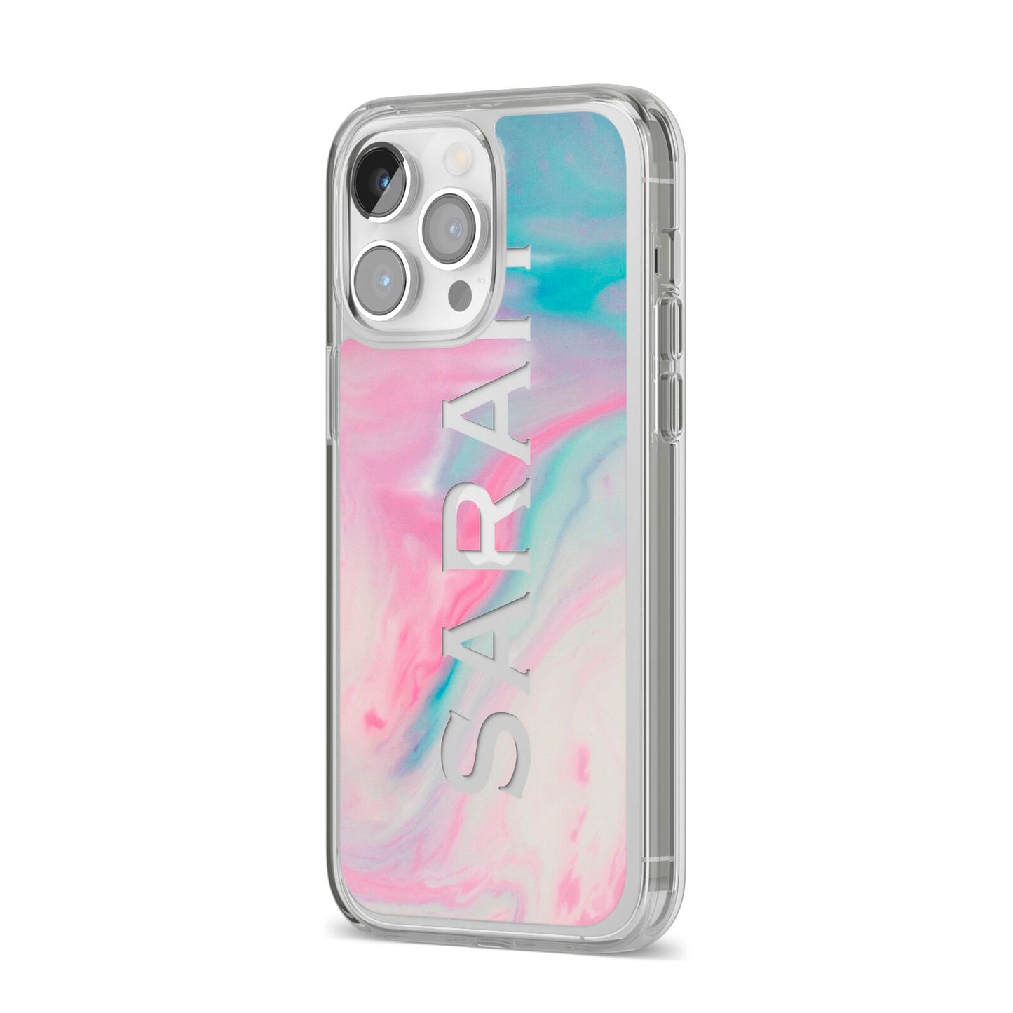 Personalised Clear Name Pastel Unicorn Marble iPhone 14 Pro Max Clear Tough Case Silver Angled Image