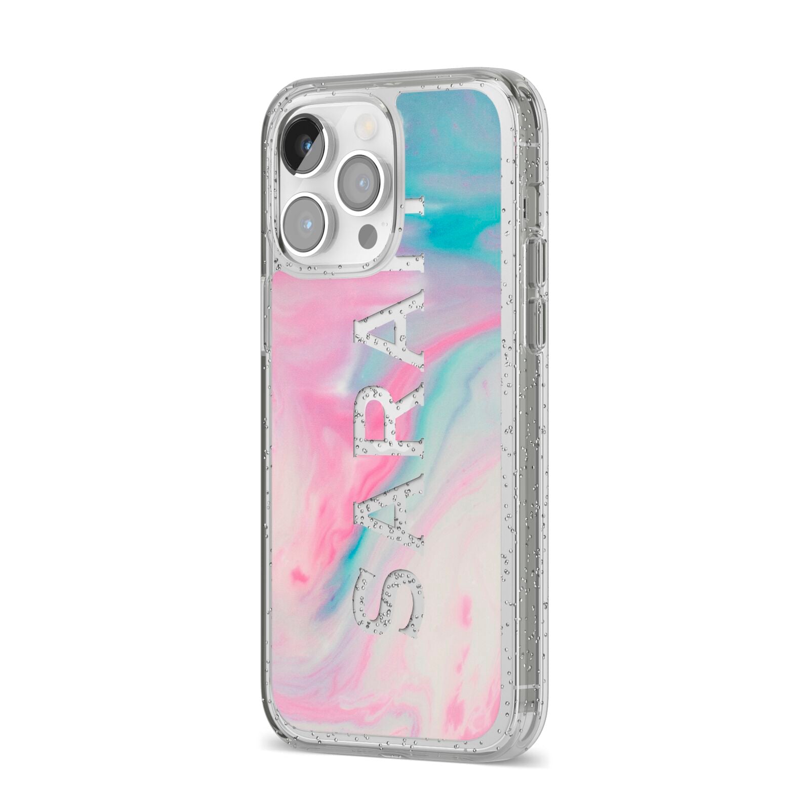 Personalised Clear Name Pastel Unicorn Marble iPhone 14 Pro Max Glitter Tough Case Silver Angled Image