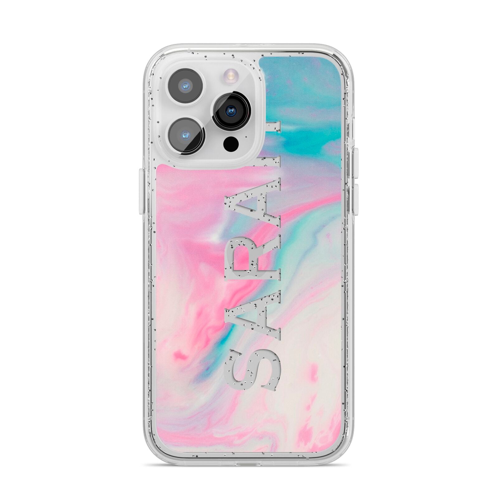 Personalised Clear Name Pastel Unicorn Marble iPhone 14 Pro Max Glitter Tough Case Silver