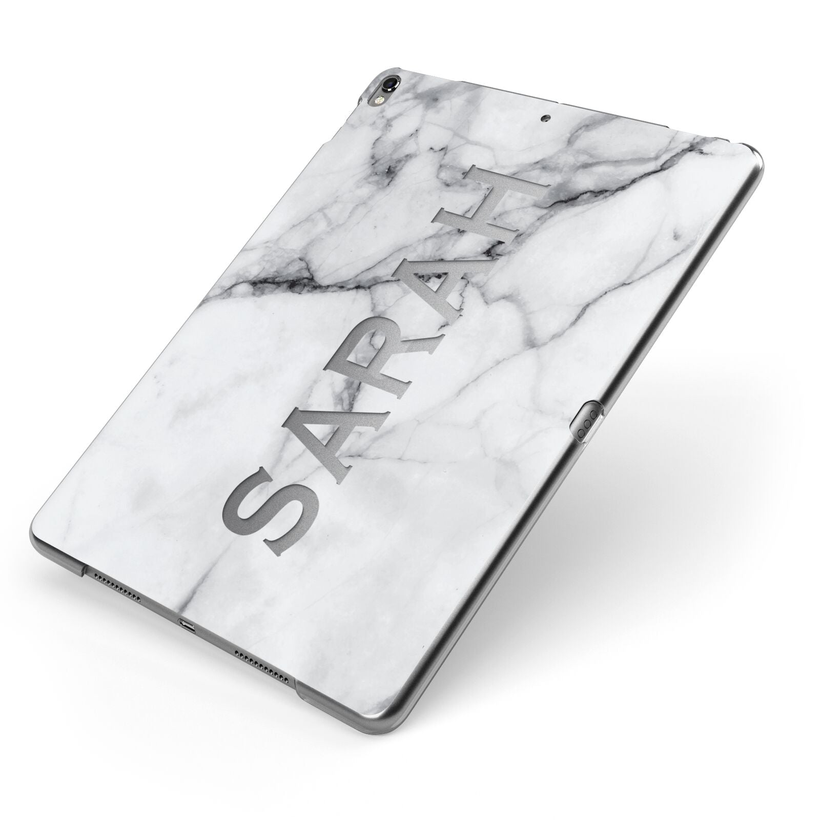 Personalised Clear Name See Through Grey Marble Apple iPad Case on Grey iPad Side View