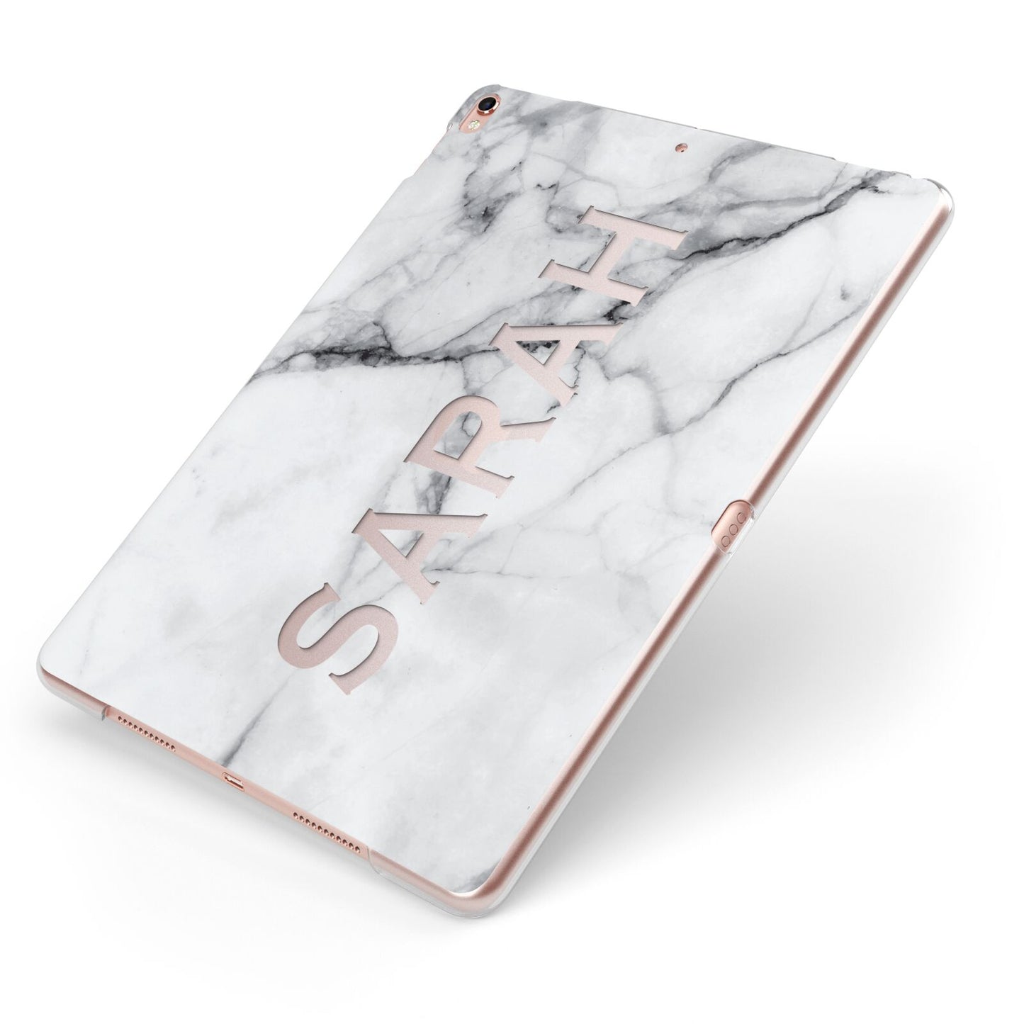 Personalised Clear Name See Through Grey Marble Apple iPad Case on Rose Gold iPad Side View
