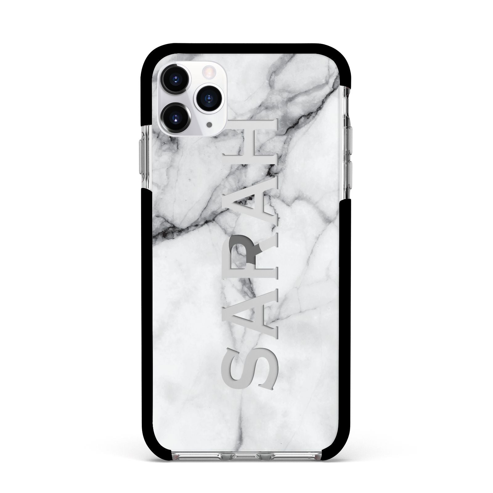Personalised Clear Name See Through Grey Marble Apple iPhone 11 Pro Max in Silver with Black Impact Case