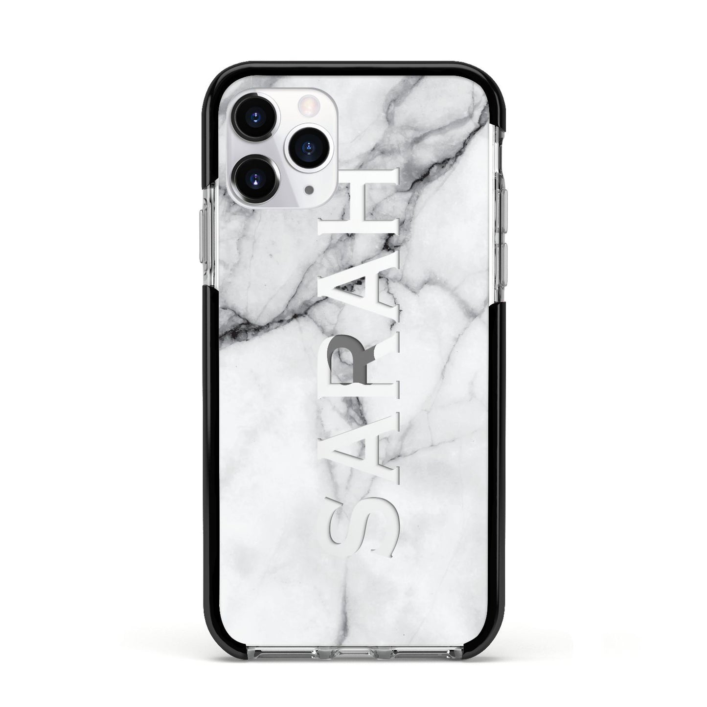 Personalised Clear Name See Through Grey Marble Apple iPhone 11 Pro in Silver with Black Impact Case