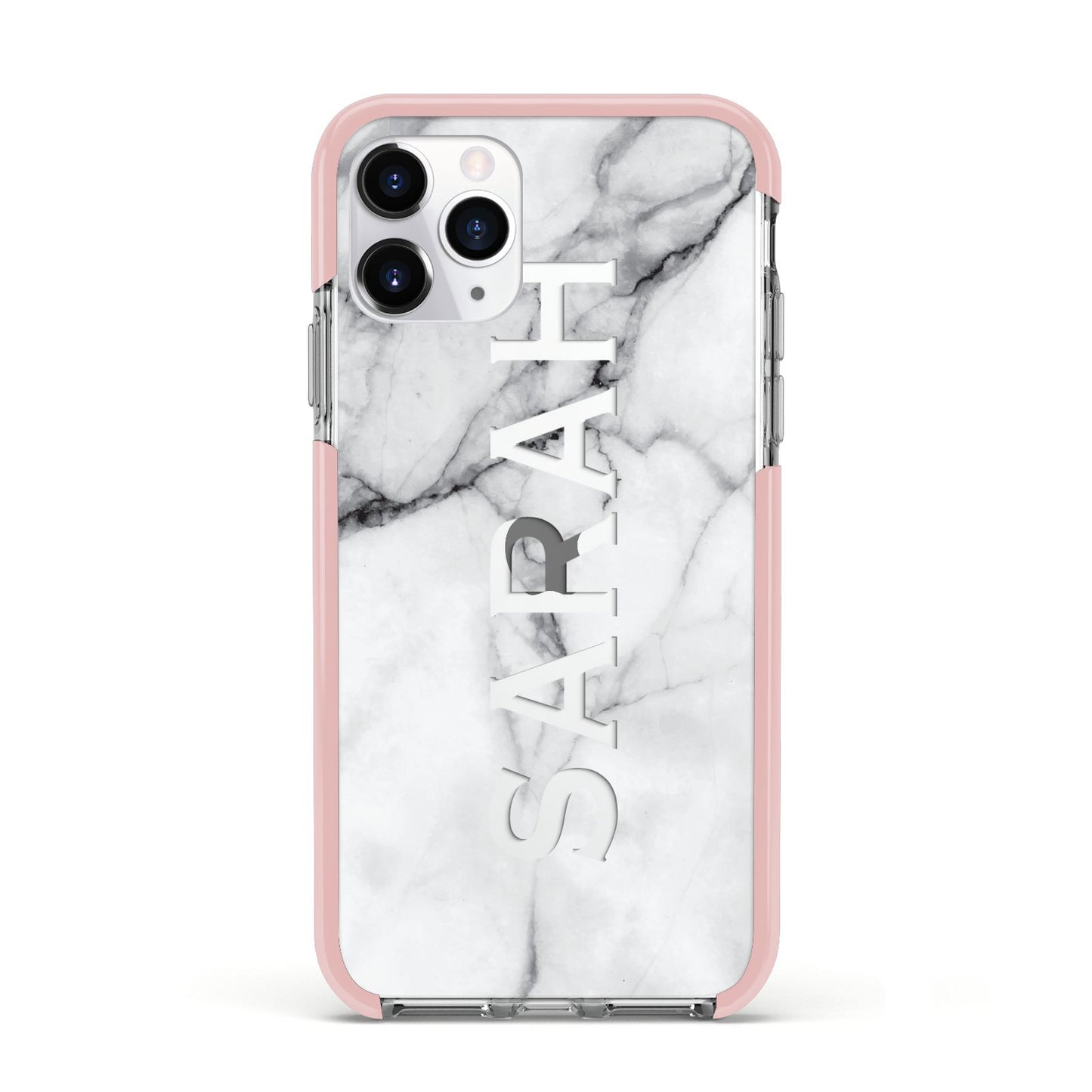 Personalised Clear Name See Through Grey Marble Apple iPhone 11 Pro in Silver with Pink Impact Case