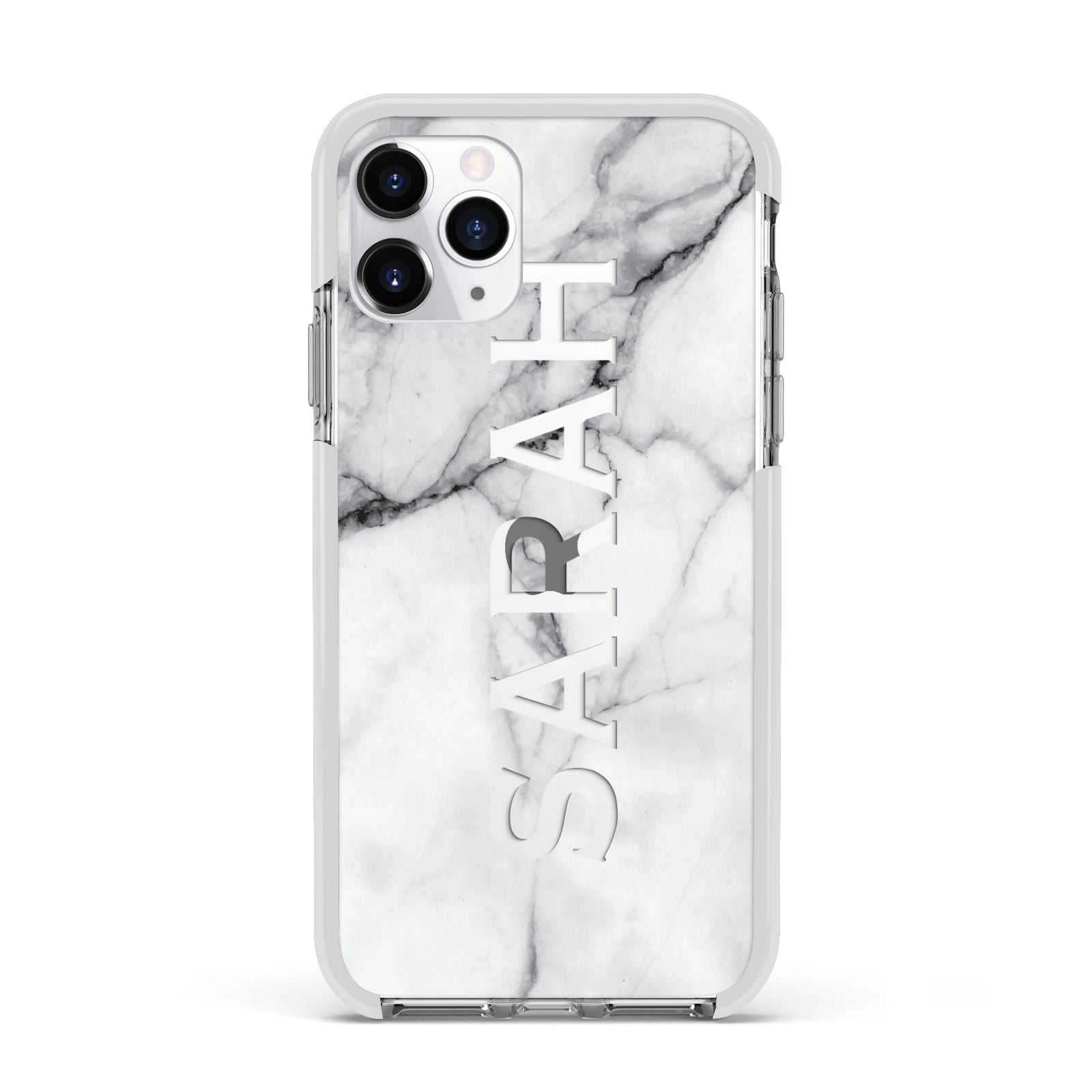 Personalised Clear Name See Through Grey Marble Apple iPhone 11 Pro in Silver with White Impact Case
