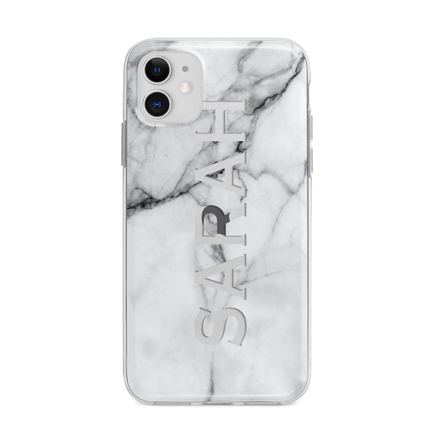 Personalised Clear Name See Through Grey Marble Apple iPhone 11 in White with Bumper Case