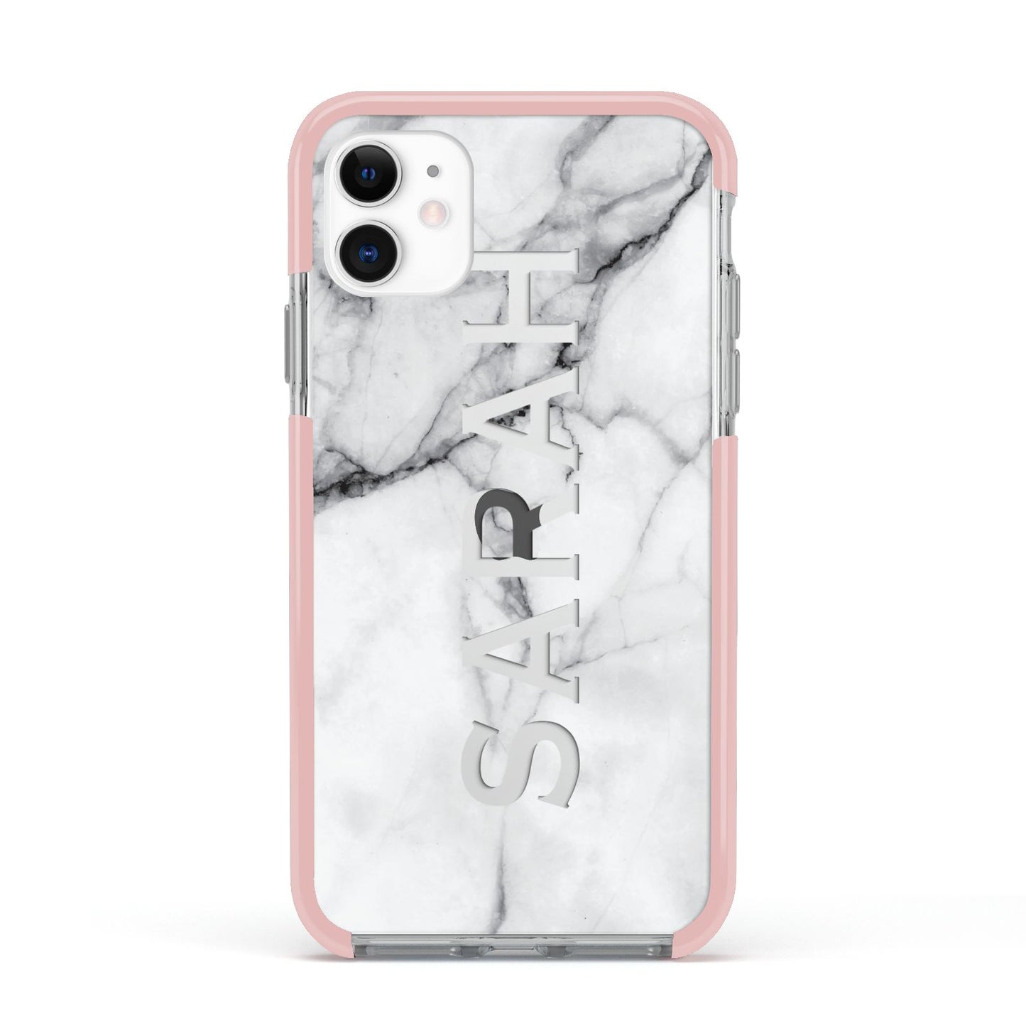 Personalised Clear Name See Through Grey Marble Apple iPhone 11 in White with Pink Impact Case