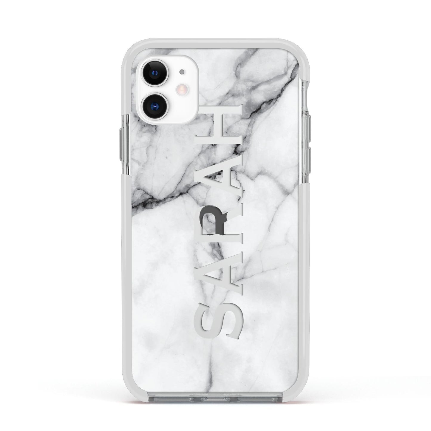 Personalised Clear Name See Through Grey Marble Apple iPhone 11 in White with White Impact Case