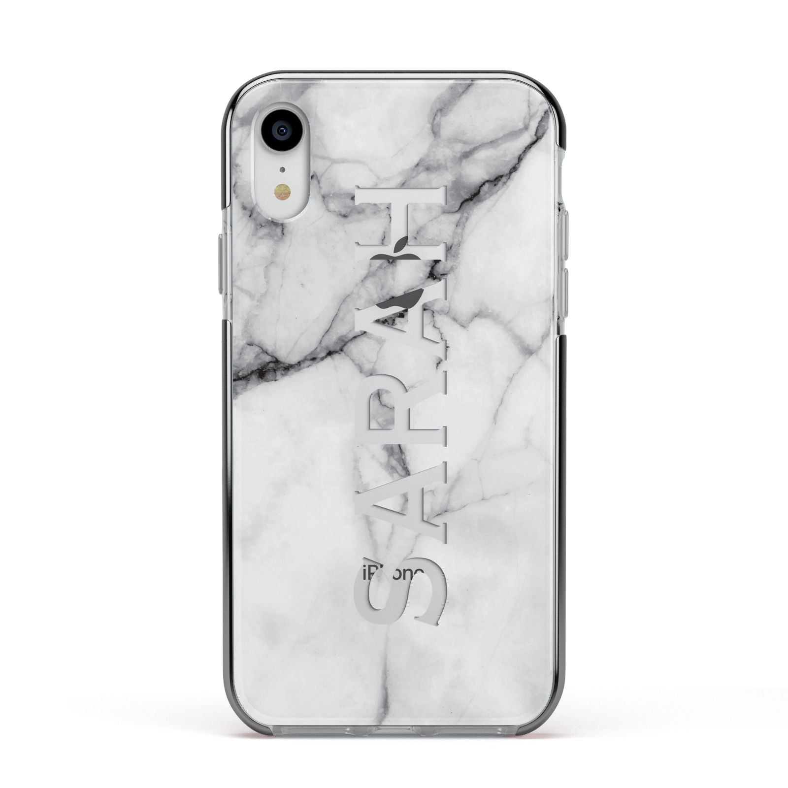 Personalised Clear Name See Through Grey Marble Apple iPhone XR Impact Case Black Edge on Silver Phone