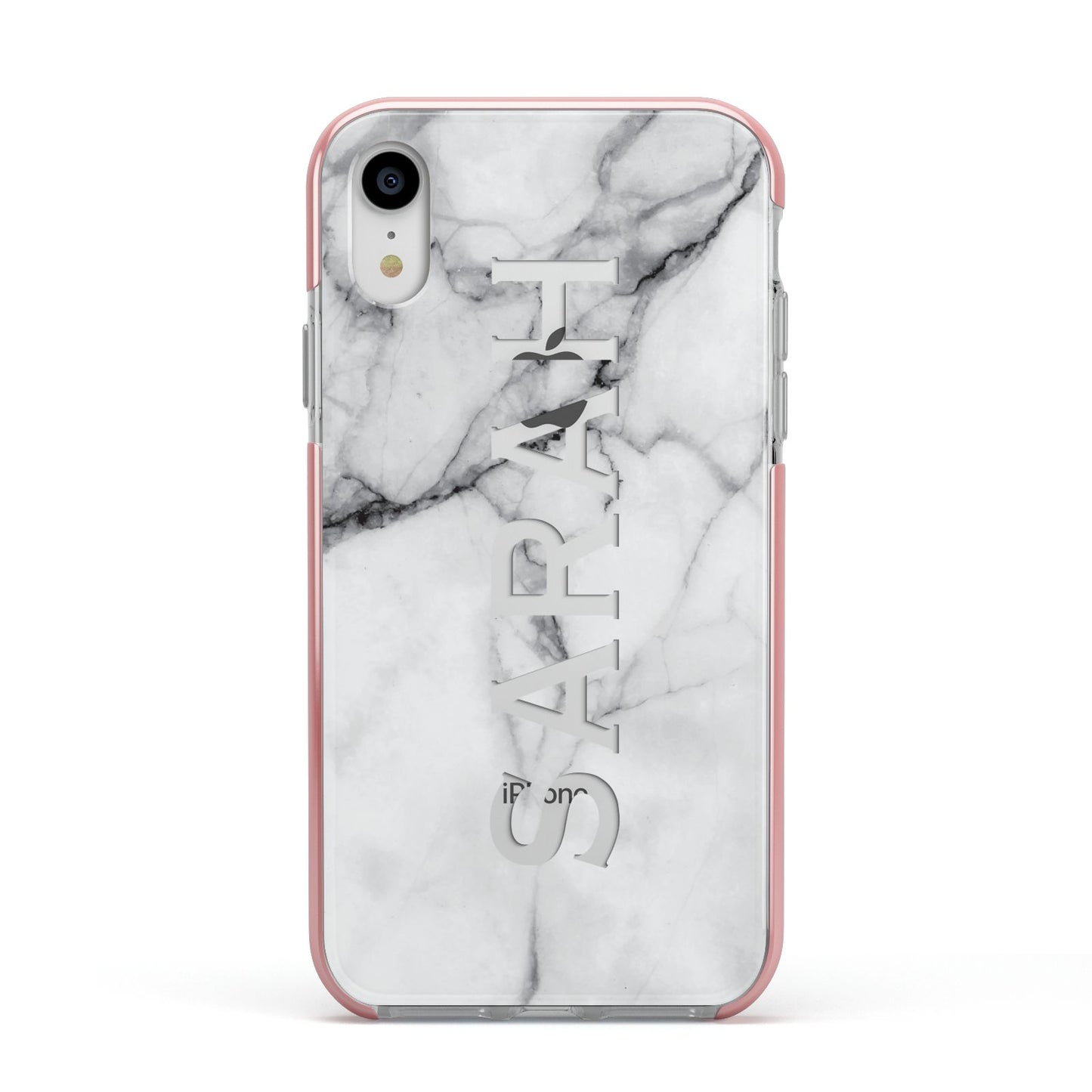 Personalised Clear Name See Through Grey Marble Apple iPhone XR Impact Case Pink Edge on Silver Phone