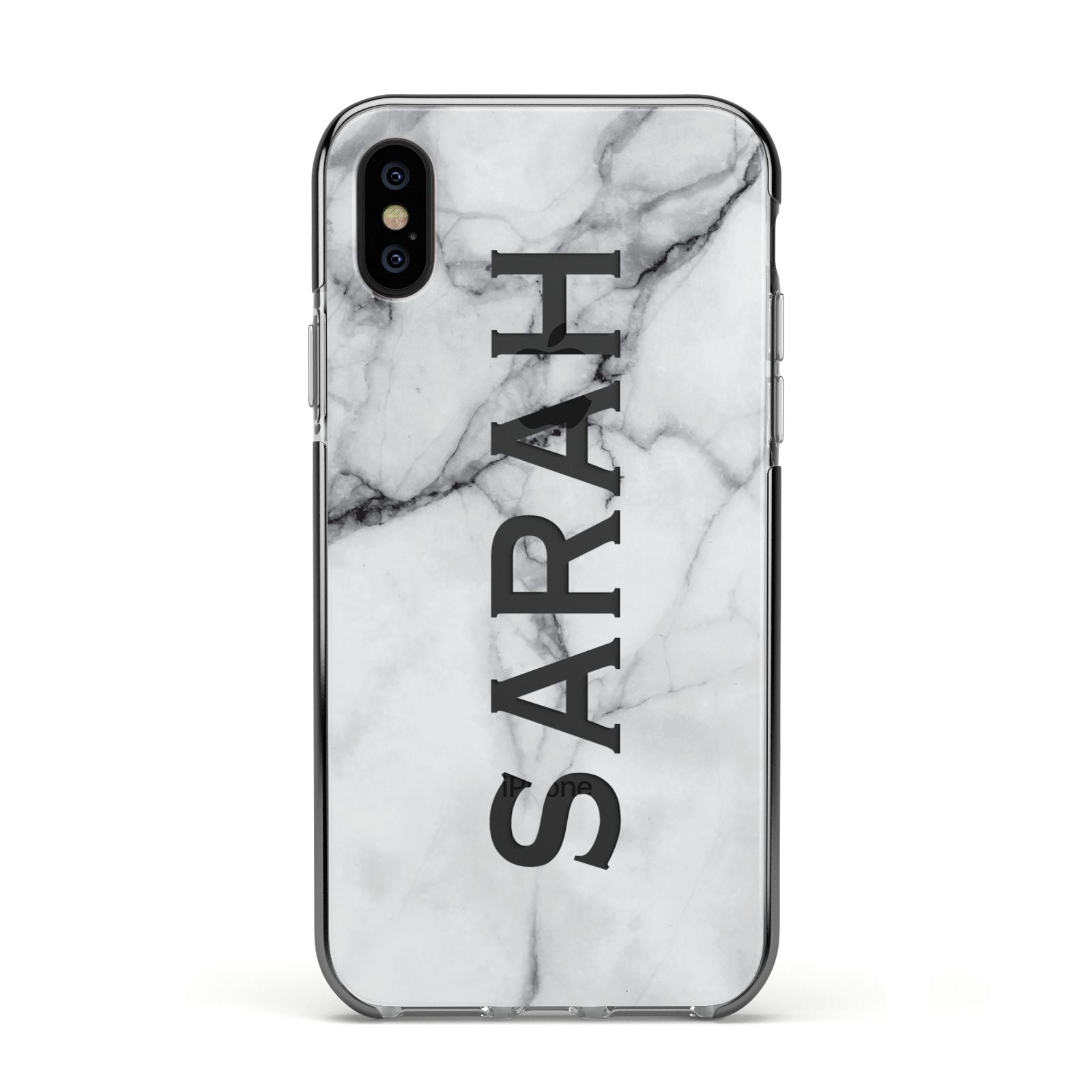 Personalised Clear Name See Through Grey Marble Apple iPhone Xs Impact Case Black Edge on Black Phone