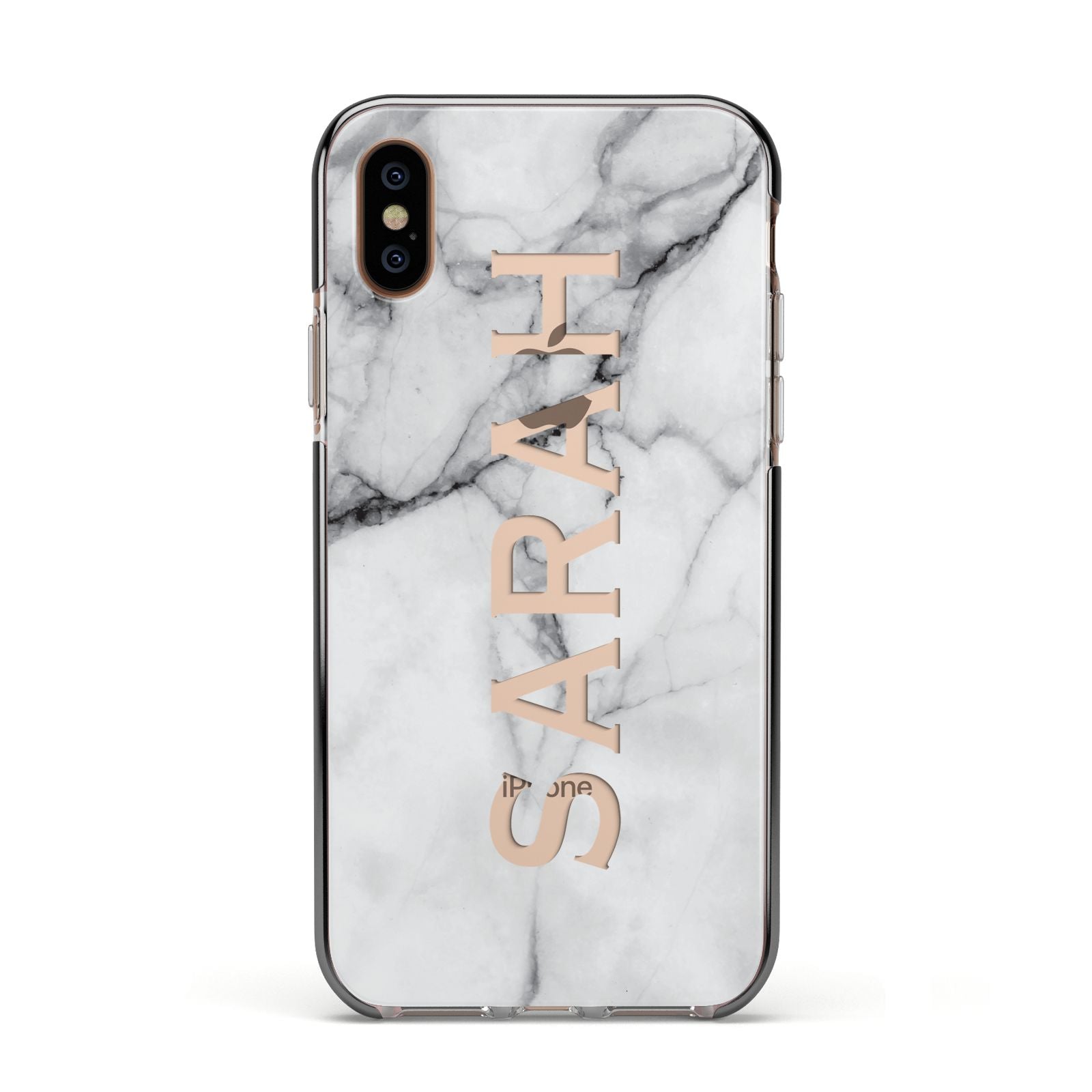 Personalised Clear Name See Through Grey Marble Apple iPhone Xs Impact Case Black Edge on Gold Phone