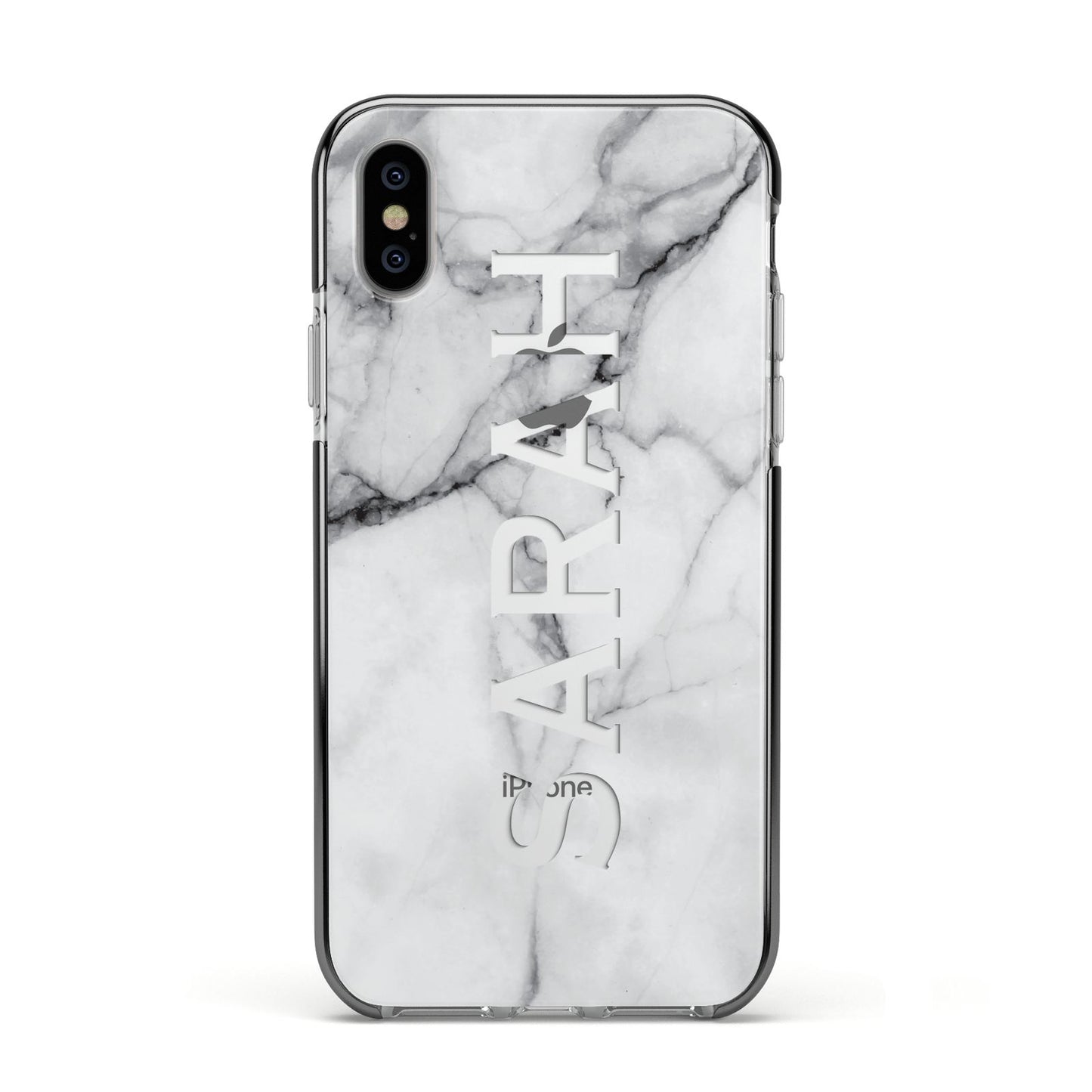 Personalised Clear Name See Through Grey Marble Apple iPhone Xs Impact Case Black Edge on Silver Phone