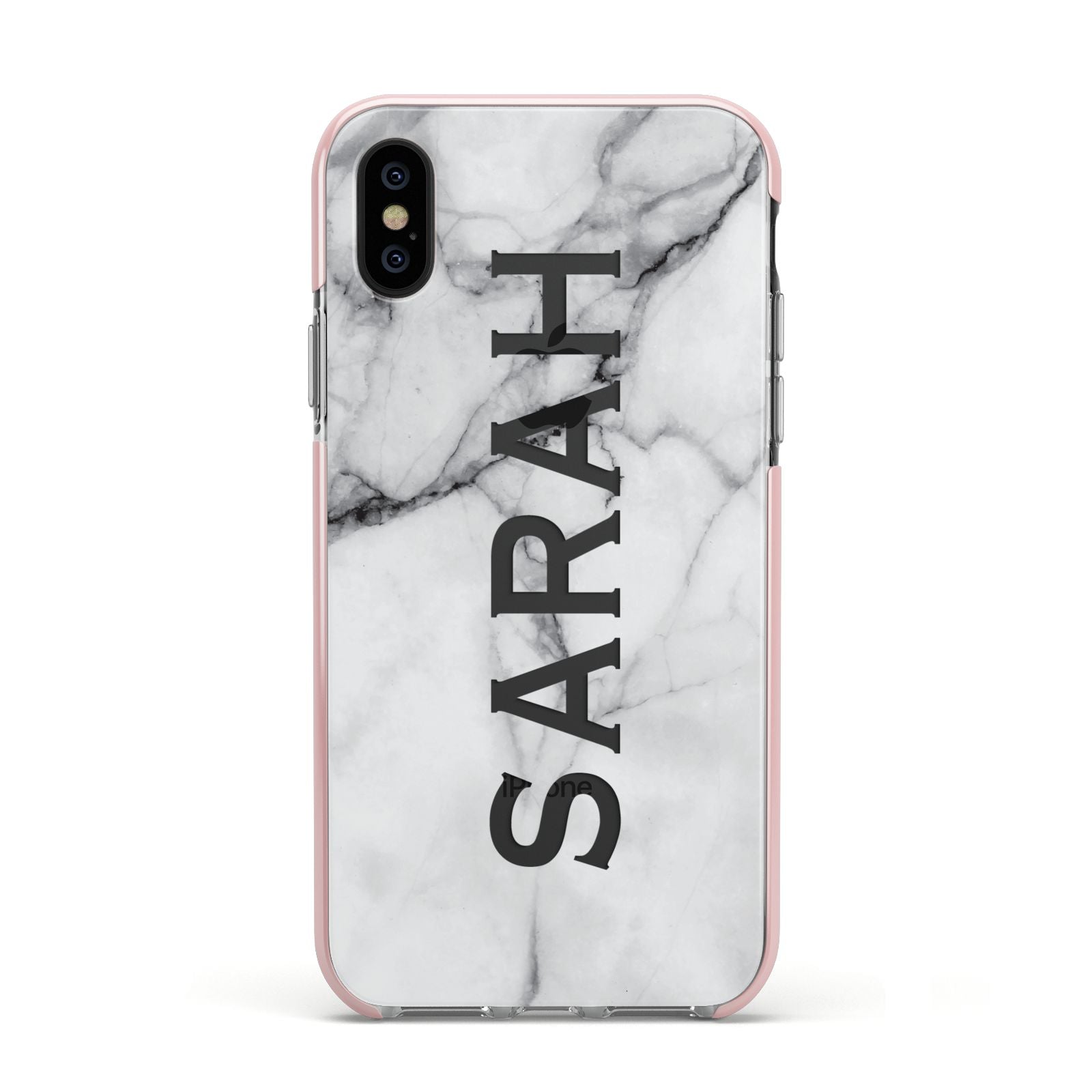 Personalised Clear Name See Through Grey Marble Apple iPhone Xs Impact Case Pink Edge on Black Phone