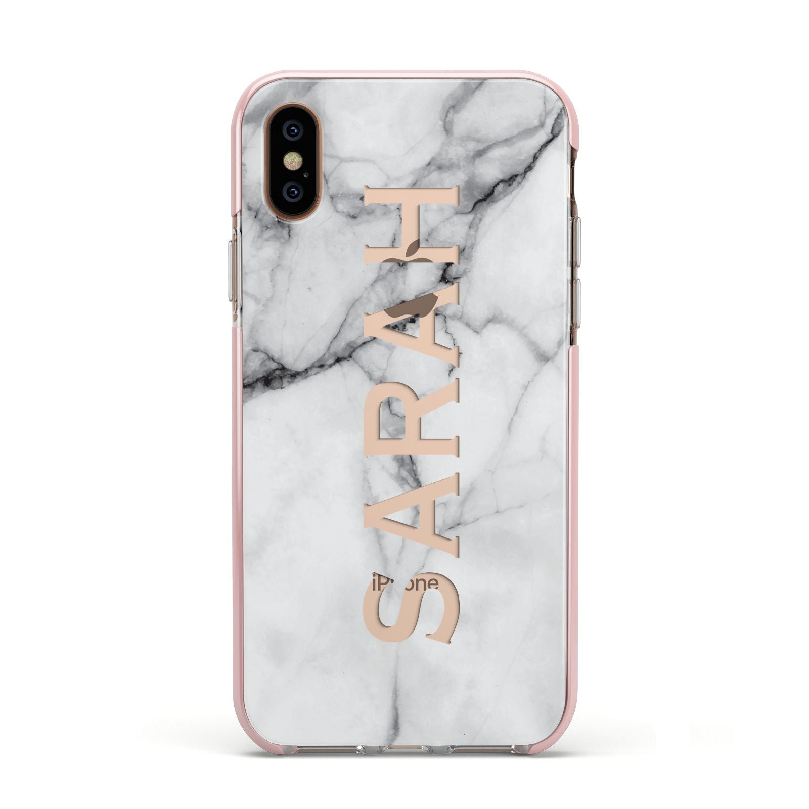 Personalised Clear Name See Through Grey Marble Apple iPhone Xs Impact Case Pink Edge on Gold Phone