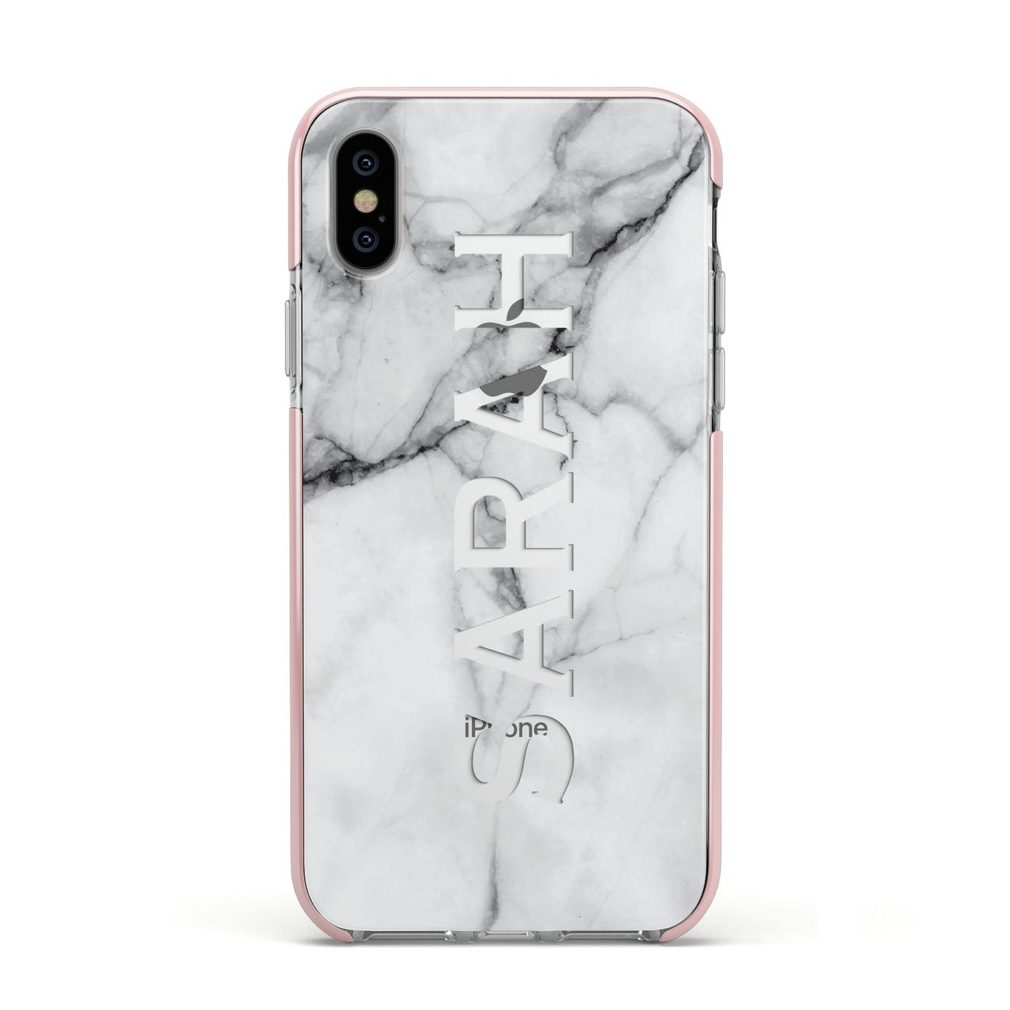 Personalised Clear Name See Through Grey Marble Apple iPhone Xs Impact Case Pink Edge on Silver Phone