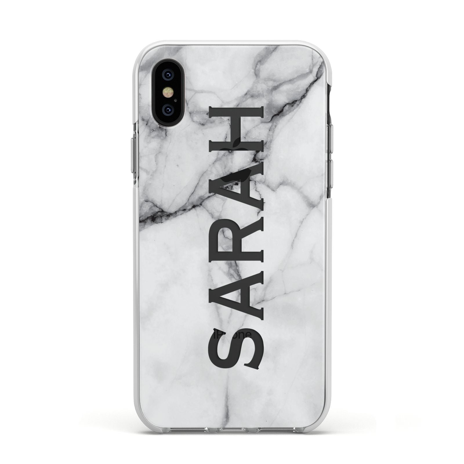 Personalised Clear Name See Through Grey Marble Apple iPhone Xs Impact Case White Edge on Black Phone