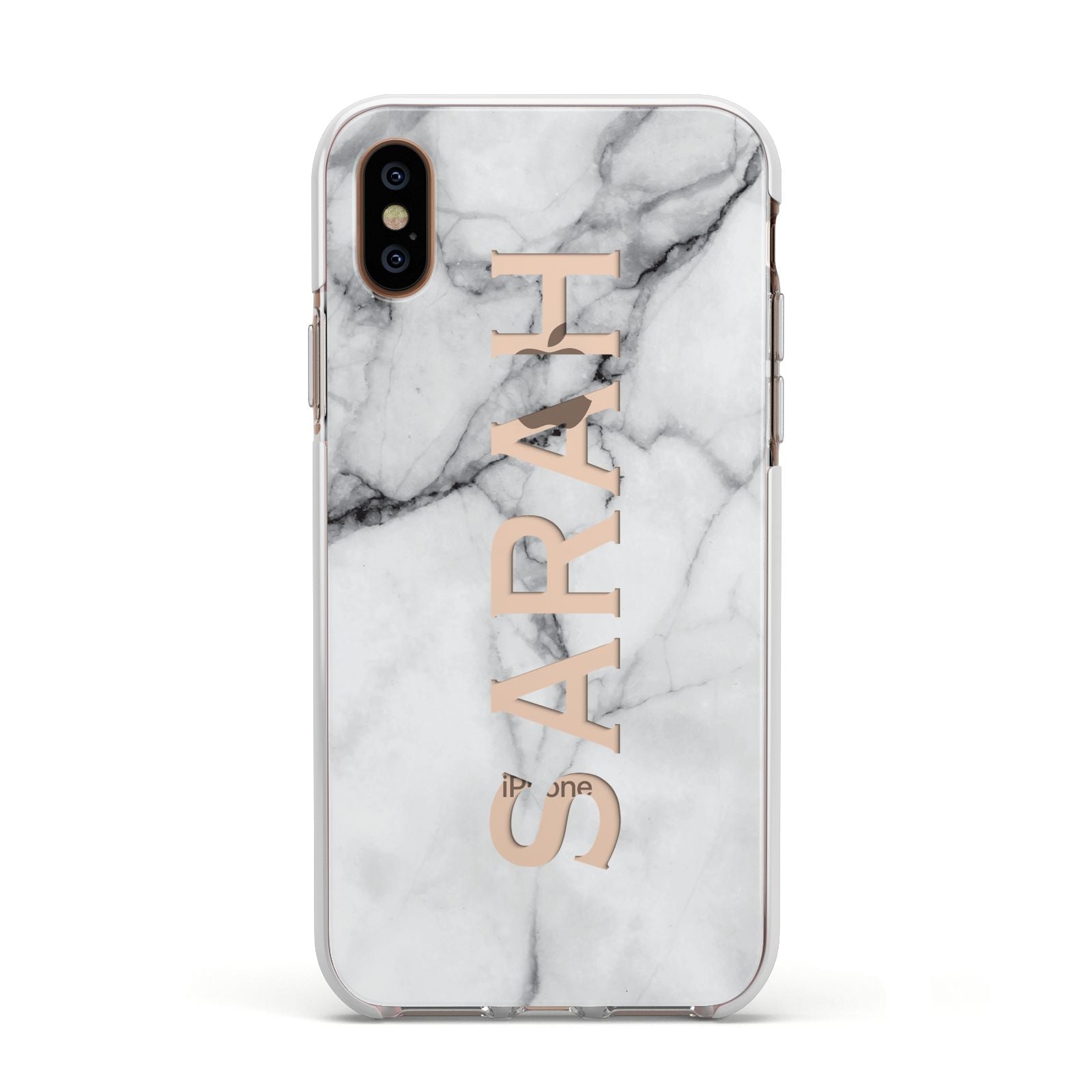 Personalised Clear Name See Through Grey Marble Apple iPhone Xs Impact Case White Edge on Gold Phone