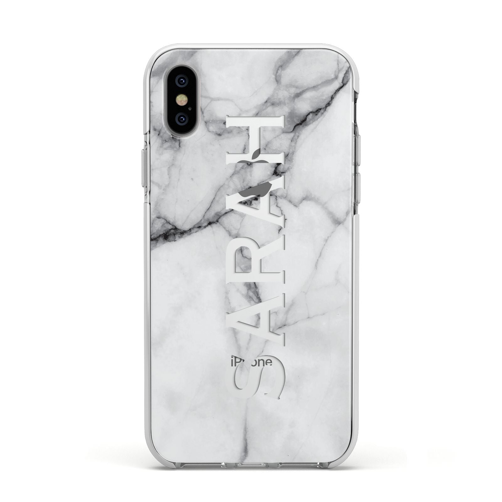 Personalised Clear Name See Through Grey Marble Apple iPhone Xs Impact Case White Edge on Silver Phone