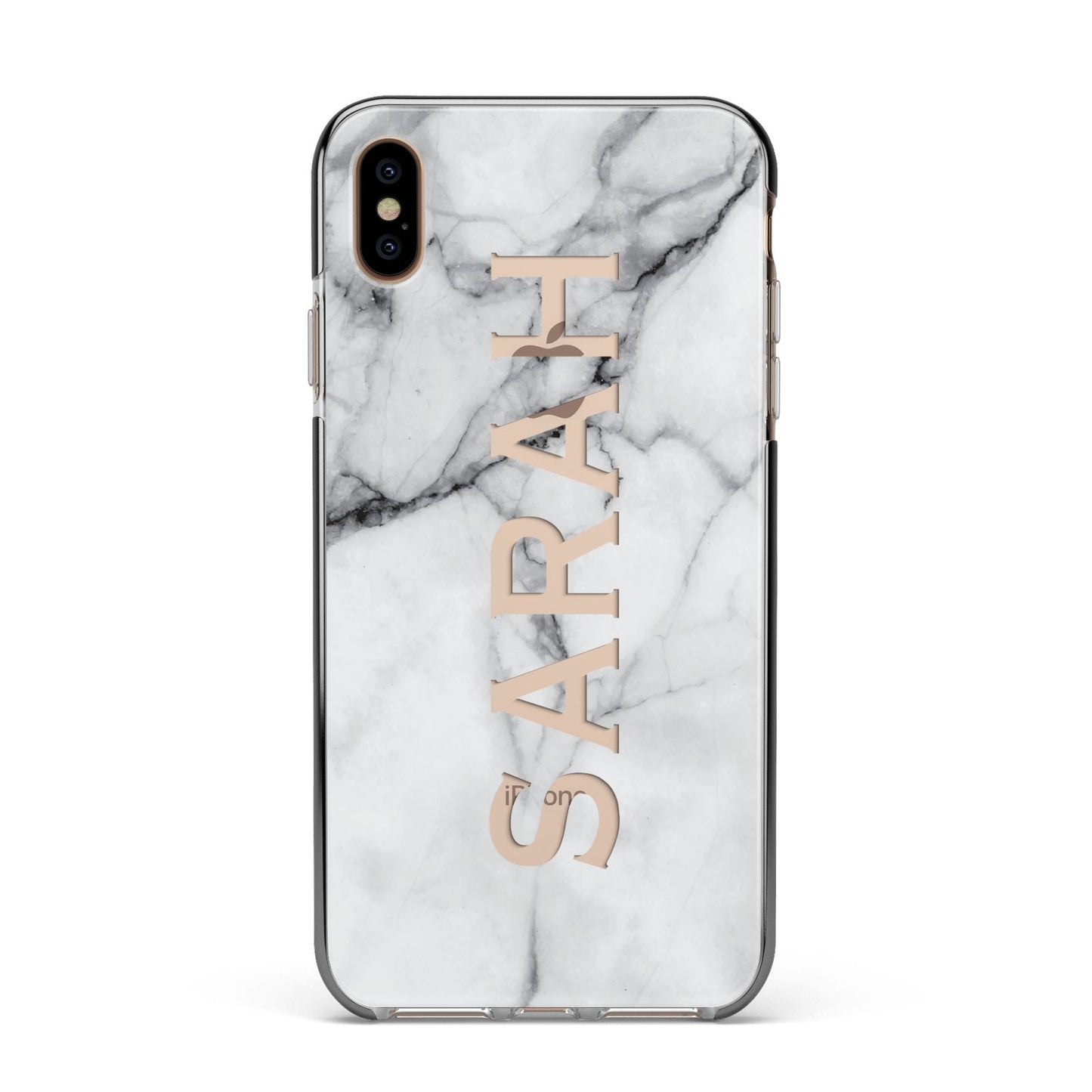 Personalised Clear Name See Through Grey Marble Apple iPhone Xs Max Impact Case Black Edge on Gold Phone