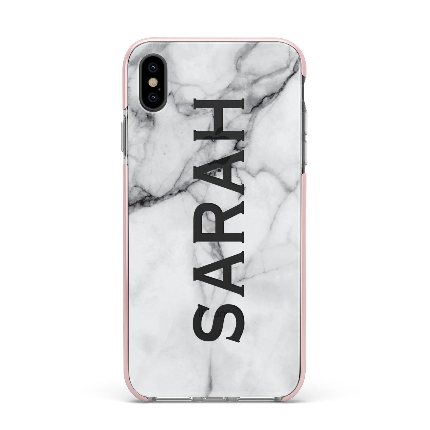 Personalised Clear Name See Through Grey Marble Apple iPhone Xs Max Impact Case Pink Edge on Black Phone