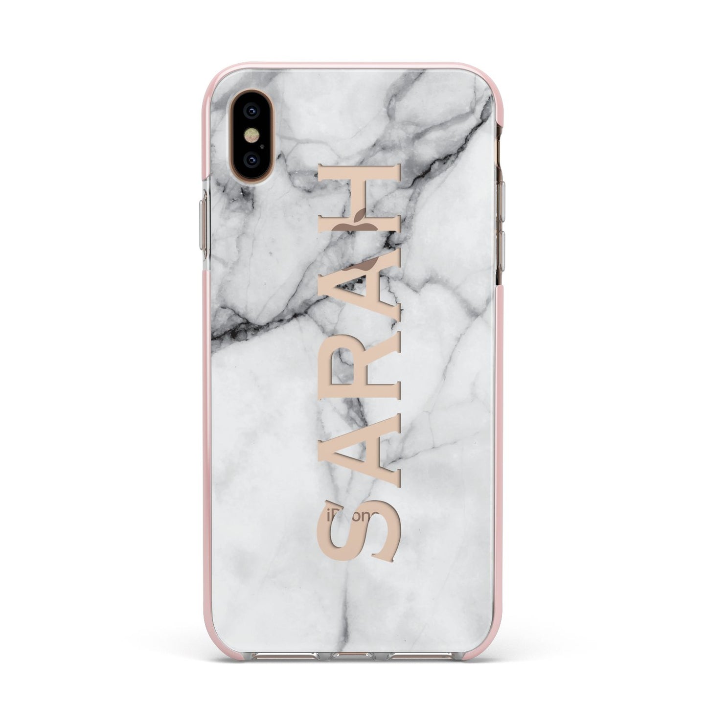 Personalised Clear Name See Through Grey Marble Apple iPhone Xs Max Impact Case Pink Edge on Gold Phone