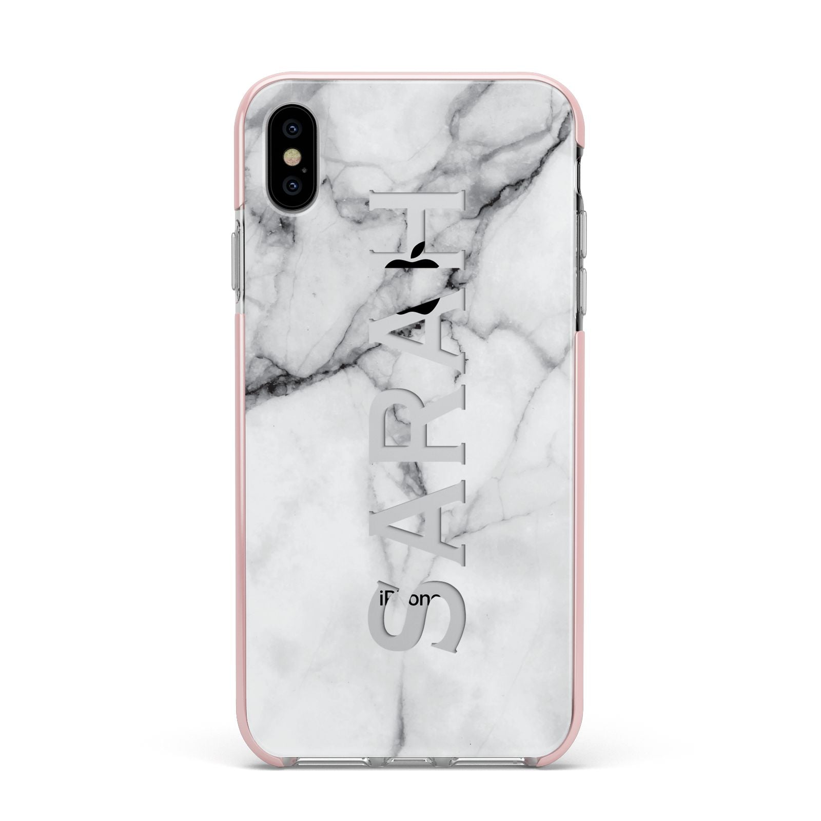 Personalised Clear Name See Through Grey Marble Apple iPhone Xs Max Impact Case Pink Edge on Silver Phone