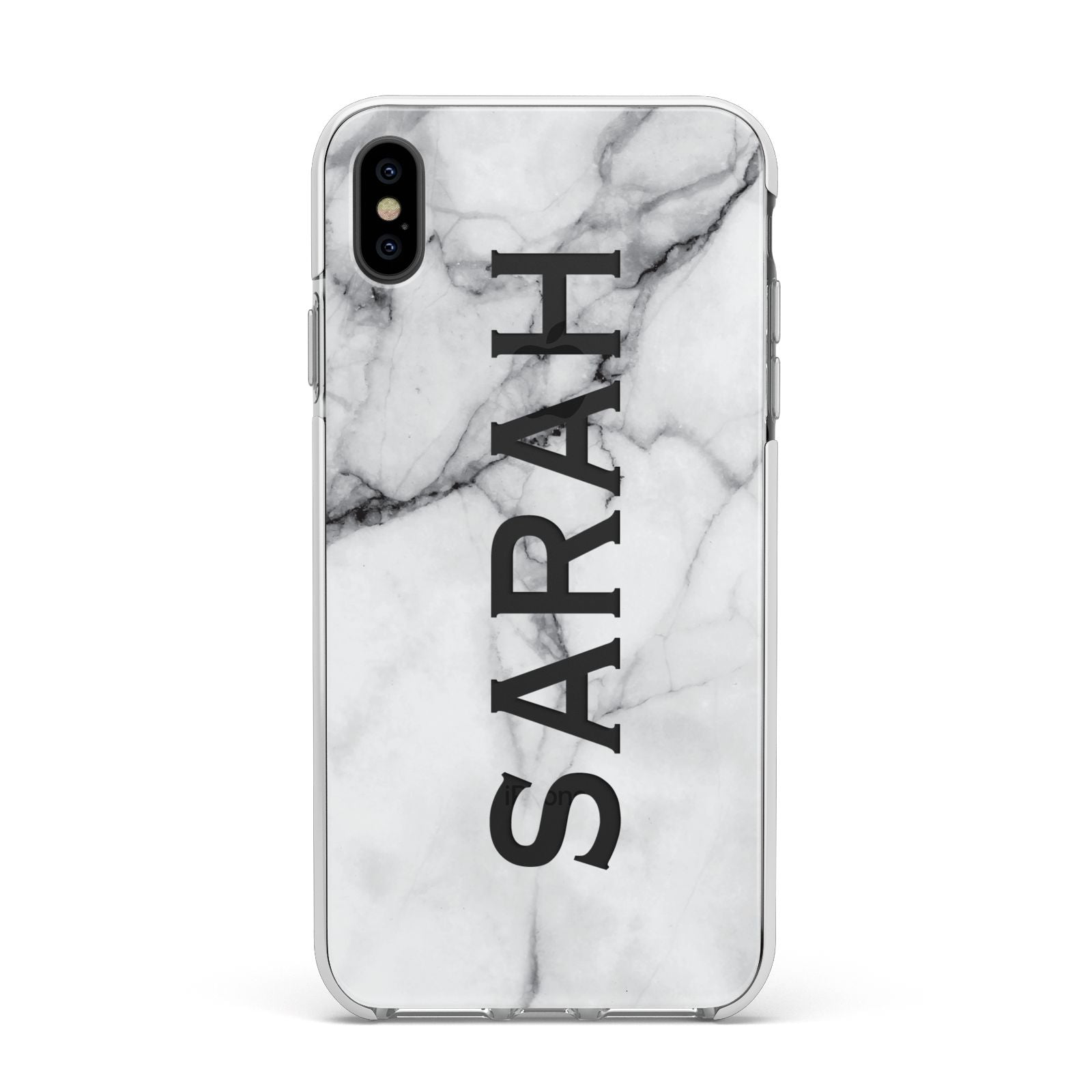 Personalised Clear Name See Through Grey Marble Apple iPhone Xs Max Impact Case White Edge on Black Phone