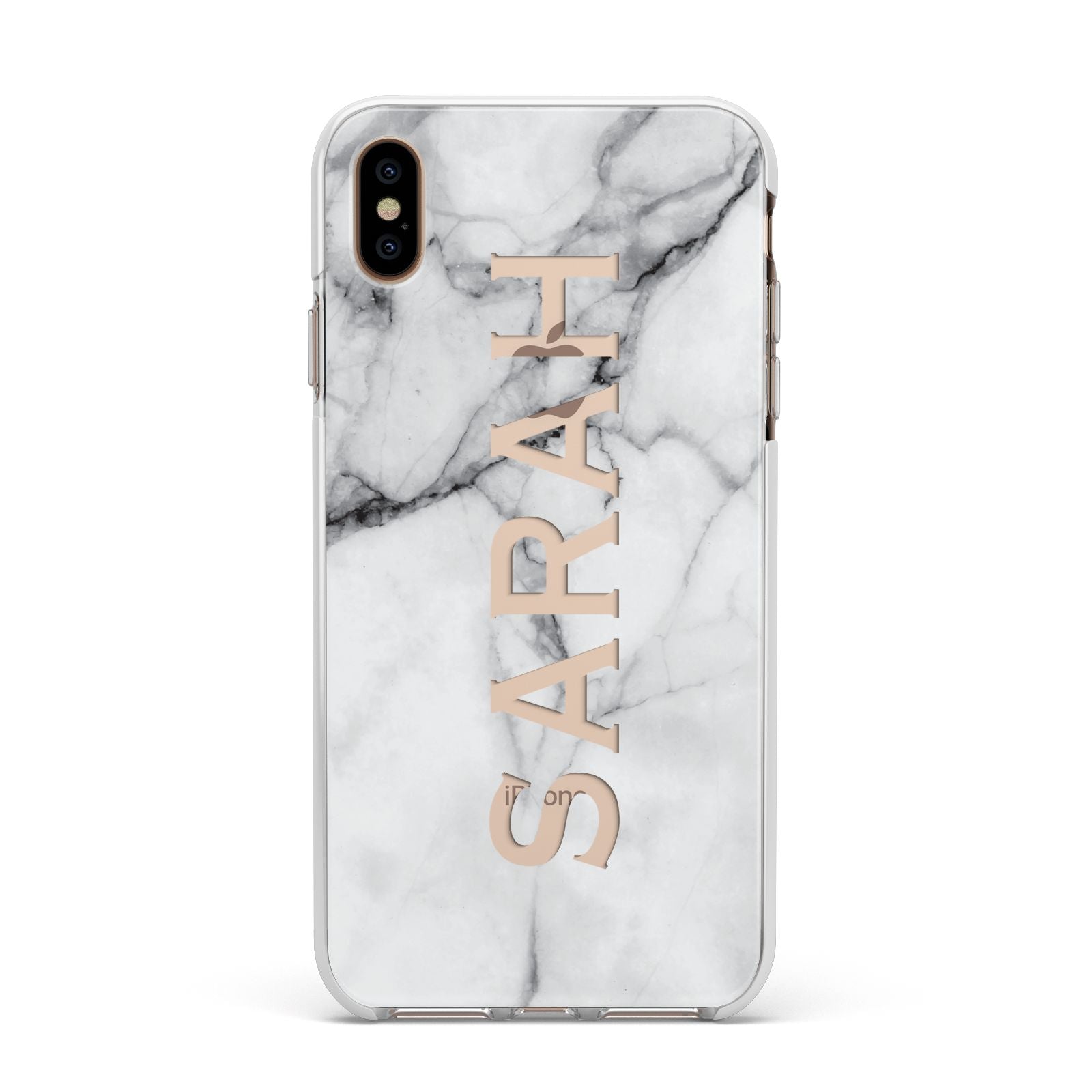 Personalised Clear Name See Through Grey Marble Apple iPhone Xs Max Impact Case White Edge on Gold Phone