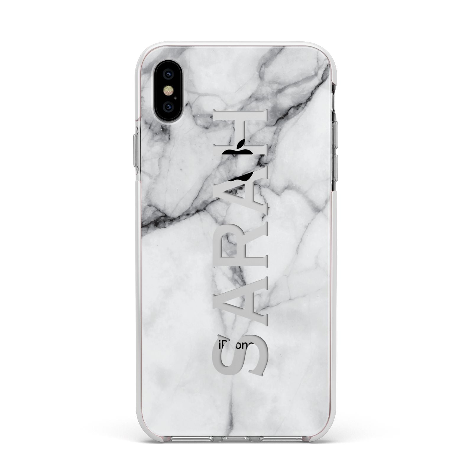 Personalised Clear Name See Through Grey Marble Apple iPhone Xs Max Impact Case White Edge on Silver Phone