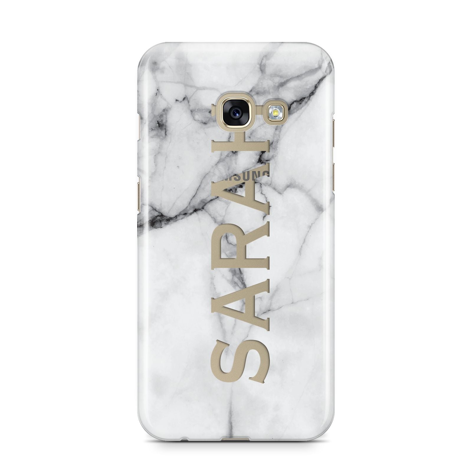 Personalised Clear Name See Through Grey Marble Samsung Galaxy A3 2017 Case on gold phone