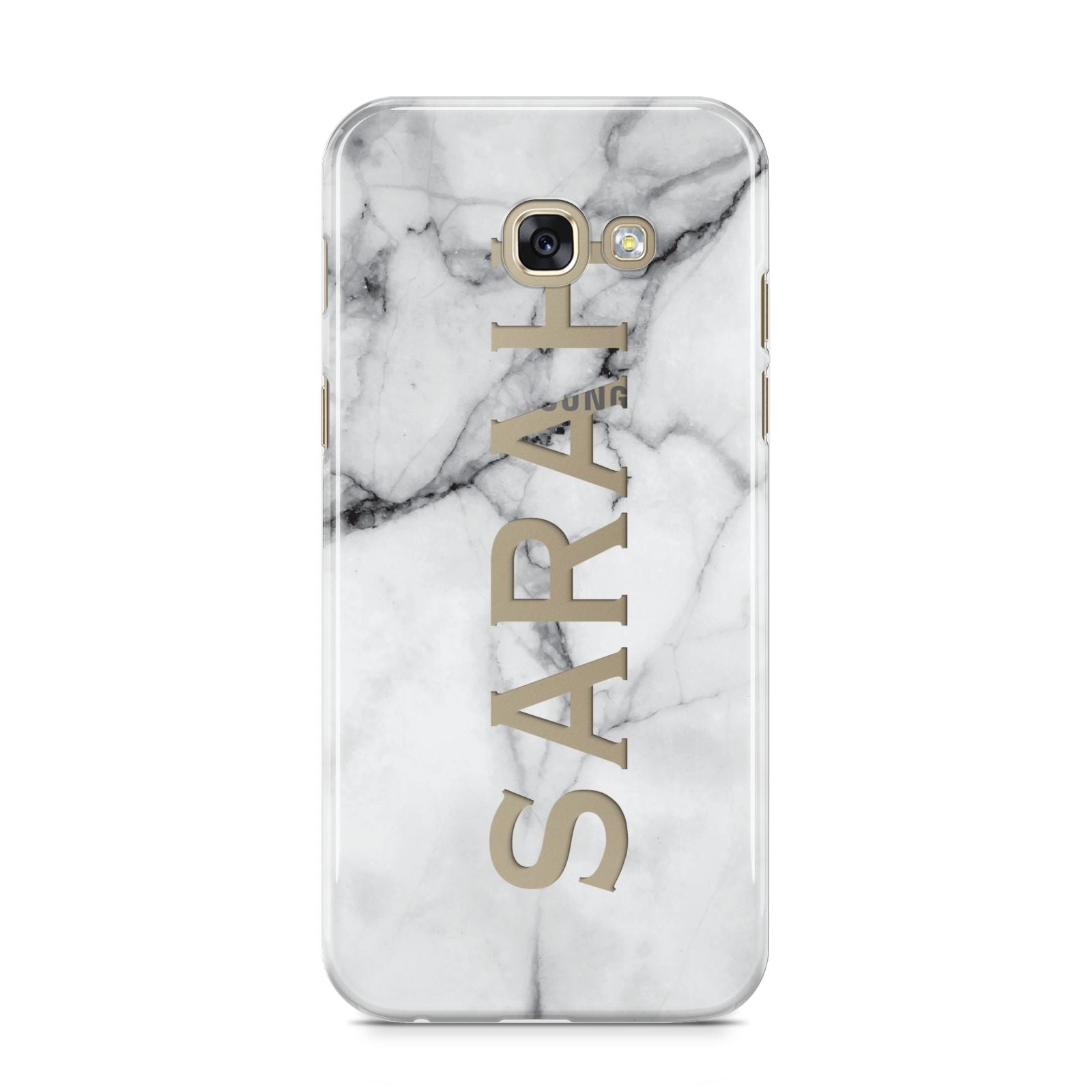 Personalised Clear Name See Through Grey Marble Samsung Galaxy A5 2017 Case on gold phone