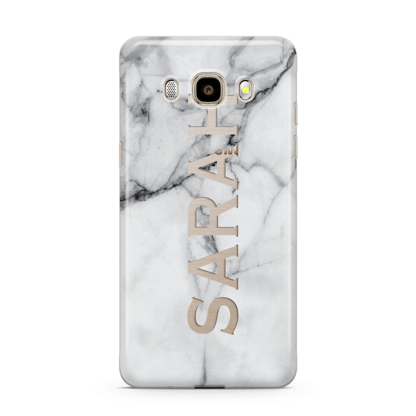 Personalised Clear Name See Through Grey Marble Samsung Galaxy J7 2016 Case on gold phone