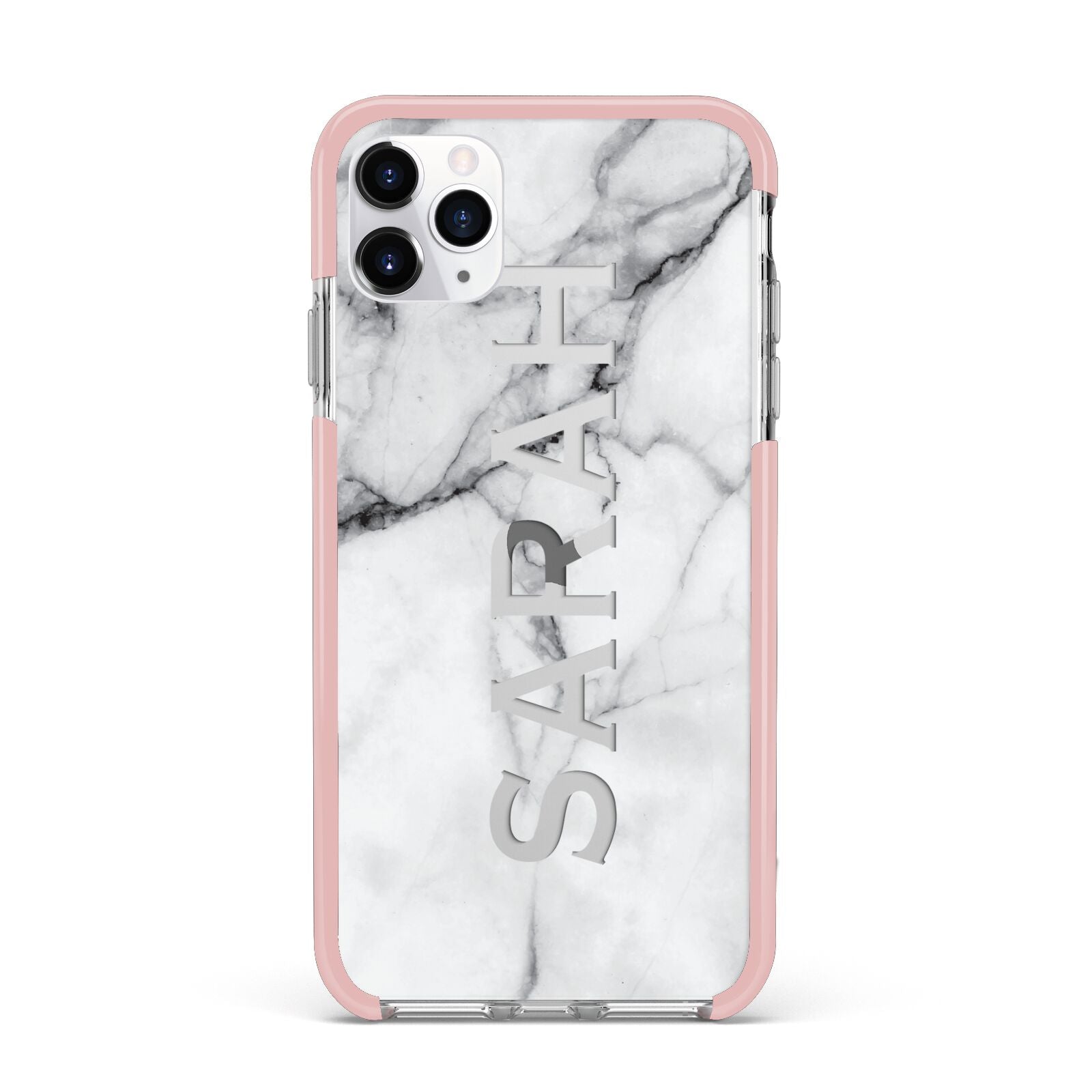 Personalised Clear Name See Through Grey Marble iPhone 11 Pro Max Impact Pink Edge Case
